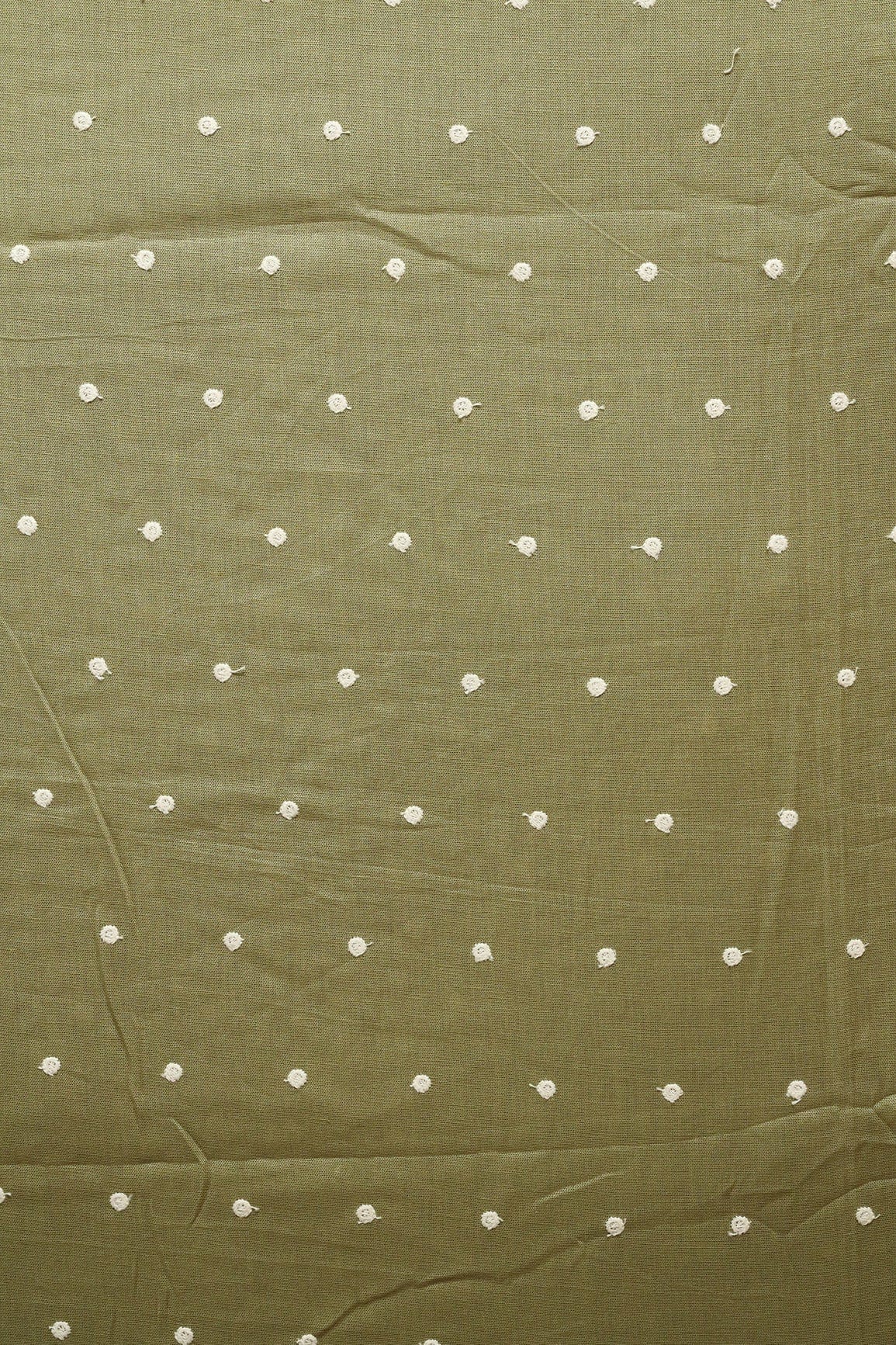doeraa Embroidery Fabrics White Thread Small Polka Embroidery Work On Olive Cotton Linen Fabric