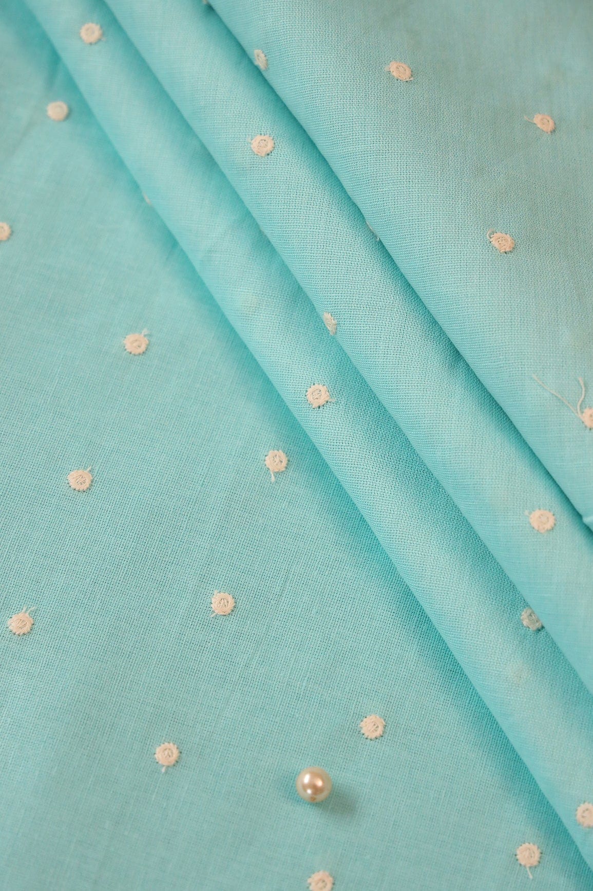 doeraa Embroidery Fabrics White Thread Small Polka Embroidery Work On Sky Cotton Linen Fabric