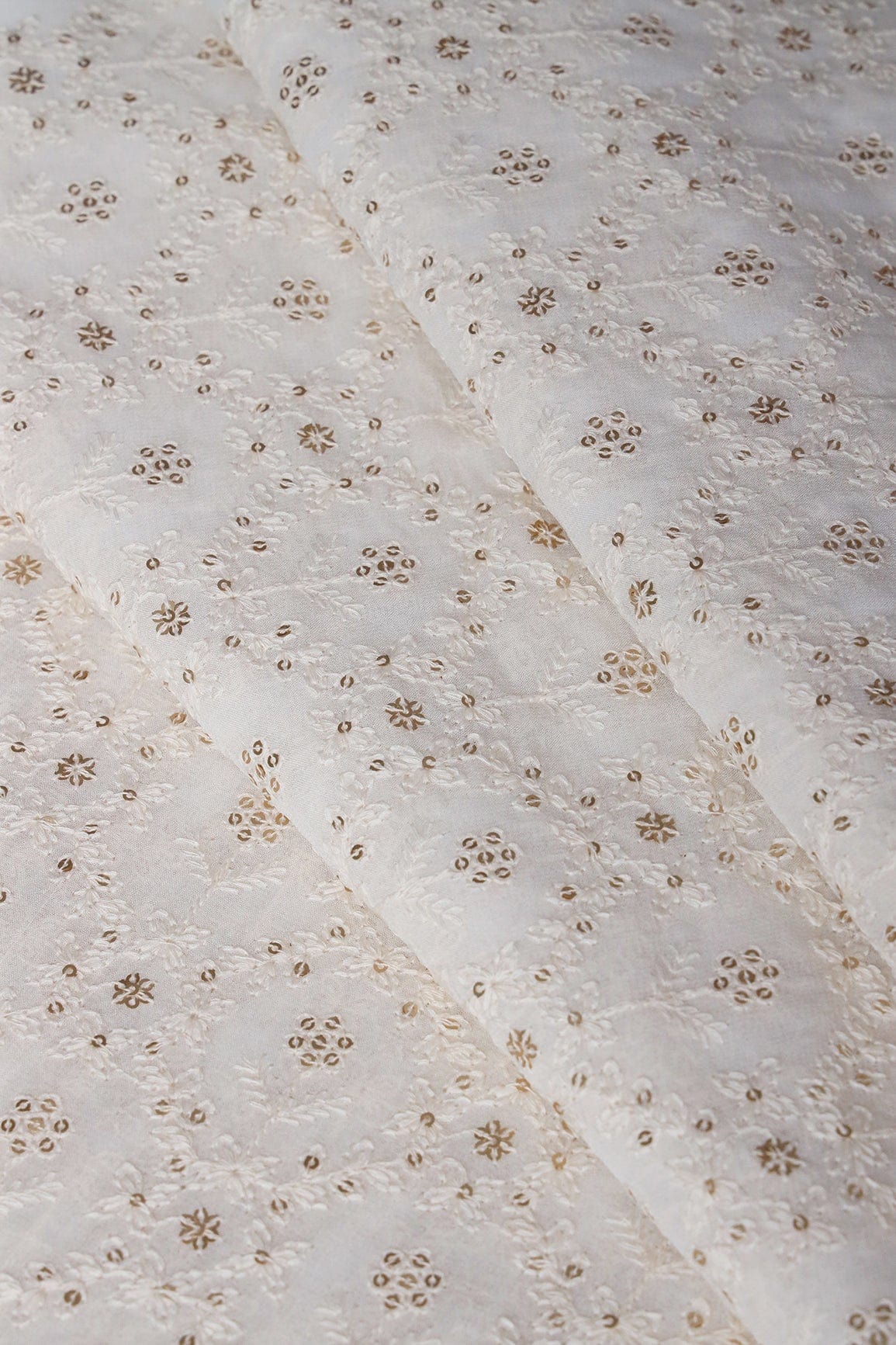doeraa Embroidery Fabrics White Thread With Gold Sequins Lucknowi Floral Checks Embroidery On Dyeable Viscose Georgette Fabric