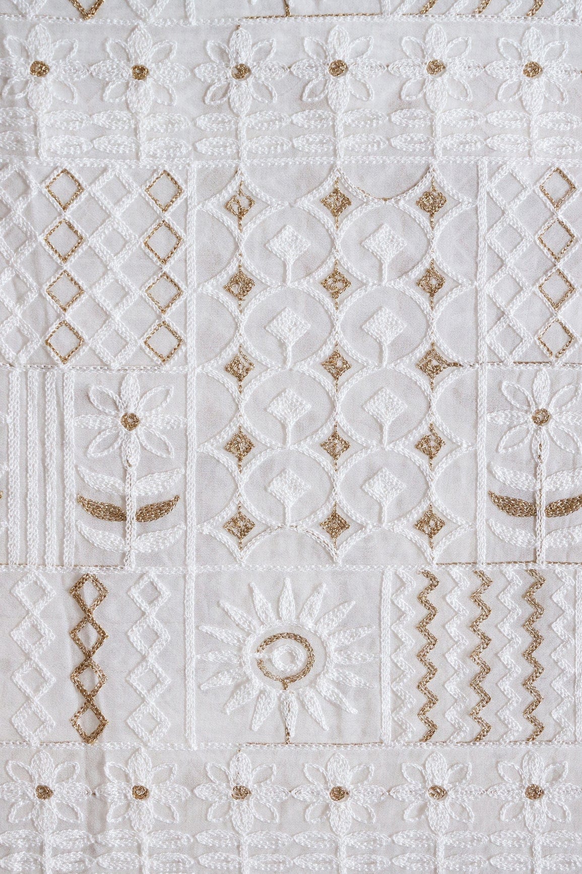 doeraa Embroidery Fabrics White Thread With Gold Zari Lucknowi Geometric Embroidery On Dyeable Viscose Georgette Fabric