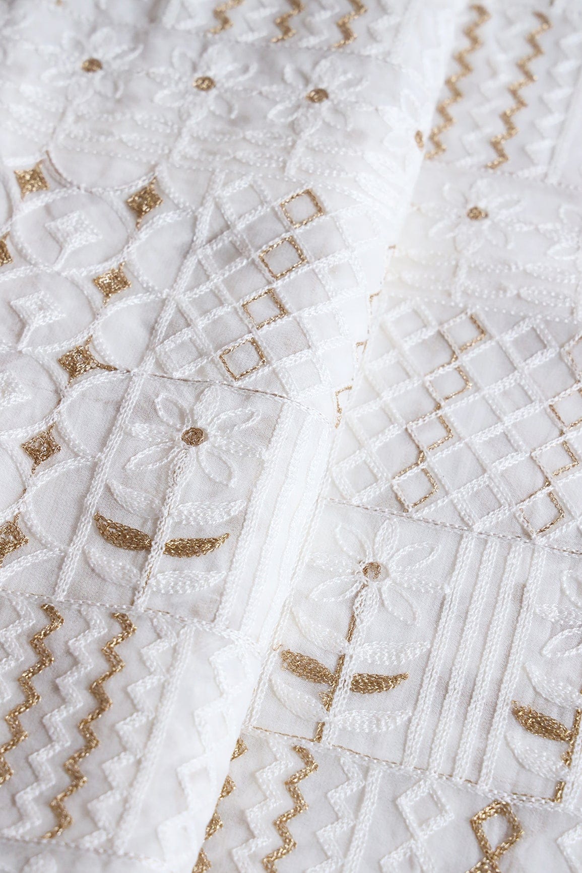 doeraa Embroidery Fabrics White Thread With Gold Zari Lucknowi Geometric Embroidery On Dyeable Viscose Georgette Fabric