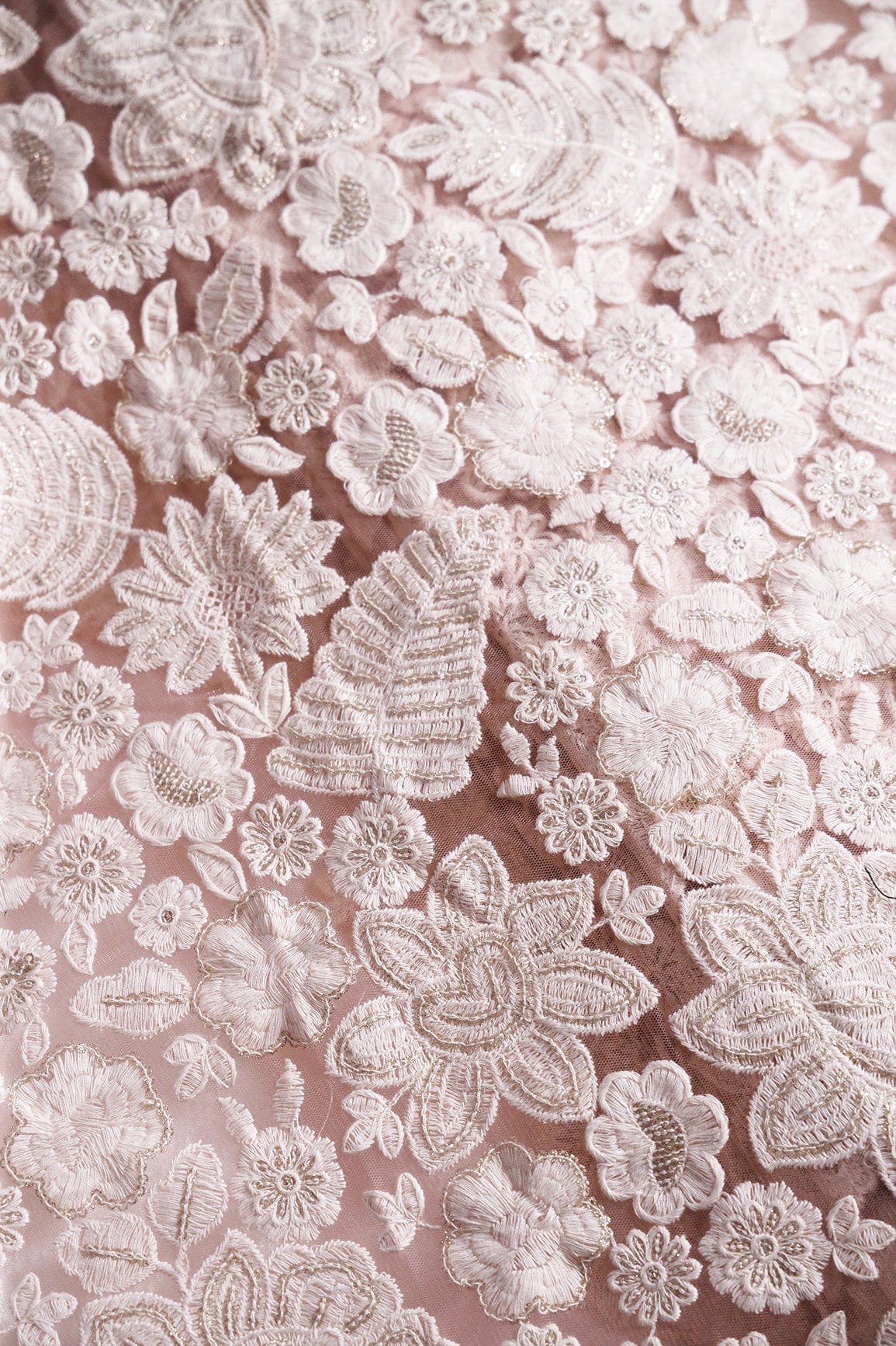 doeraa Embroidery Fabrics White Thread With Sequins Heavy Floral Embroidery On Dusty Pink Soft Net Fabric