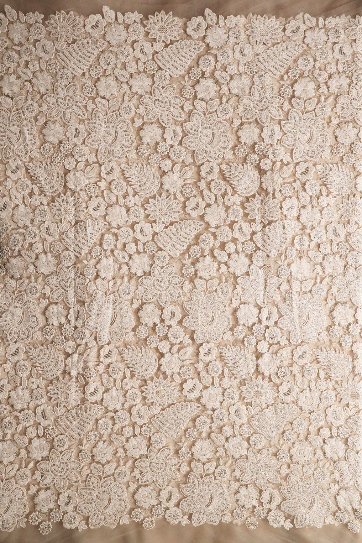doeraa Embroidery Fabrics White Thread With Sequins Heavy Floral Embroidery On Light Beige Soft Net Fabric