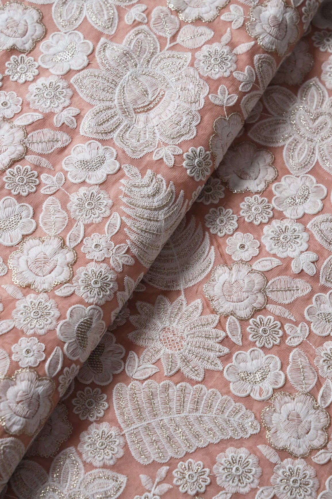 doeraa Embroidery Fabrics White Thread With Sequins Heavy Floral Embroidery On Light Peach Viscose Georgette Fabric