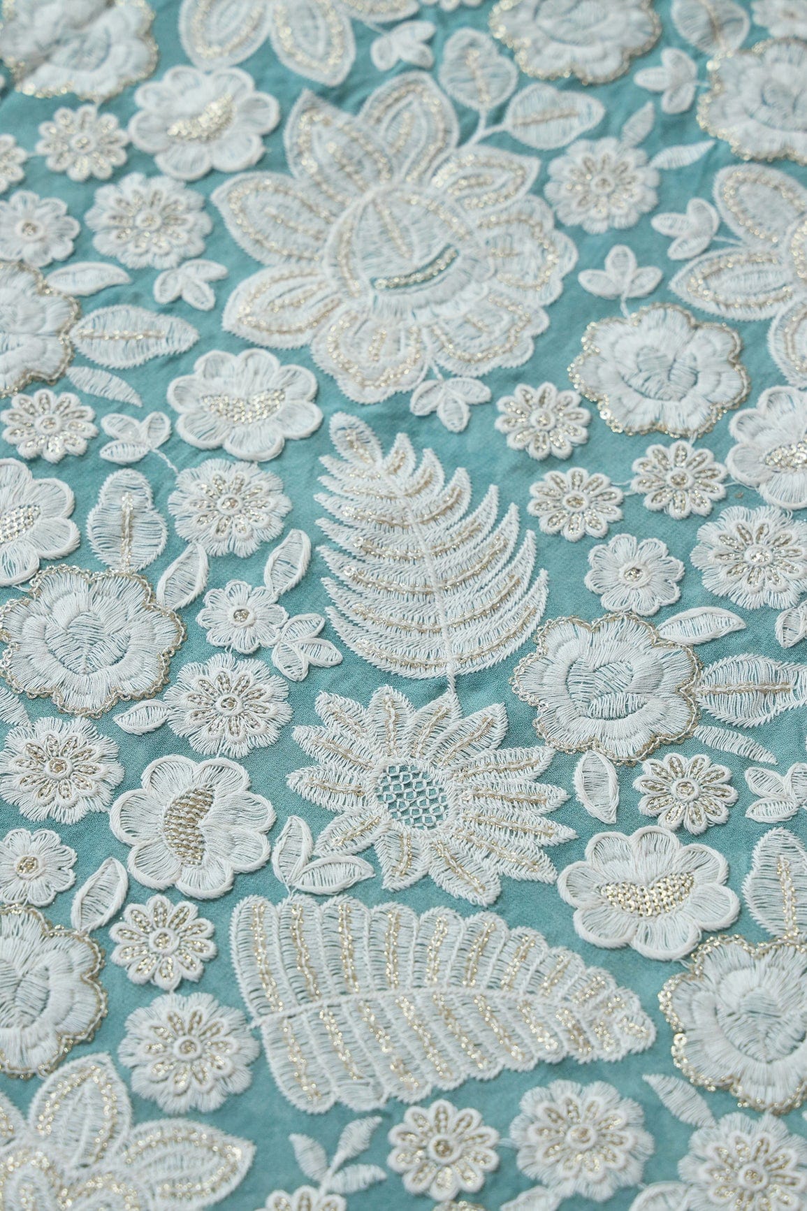 doeraa Embroidery Fabrics White Thread With Sequins Heavy Floral Embroidery On Light Teal Viscose Georgette Fabric