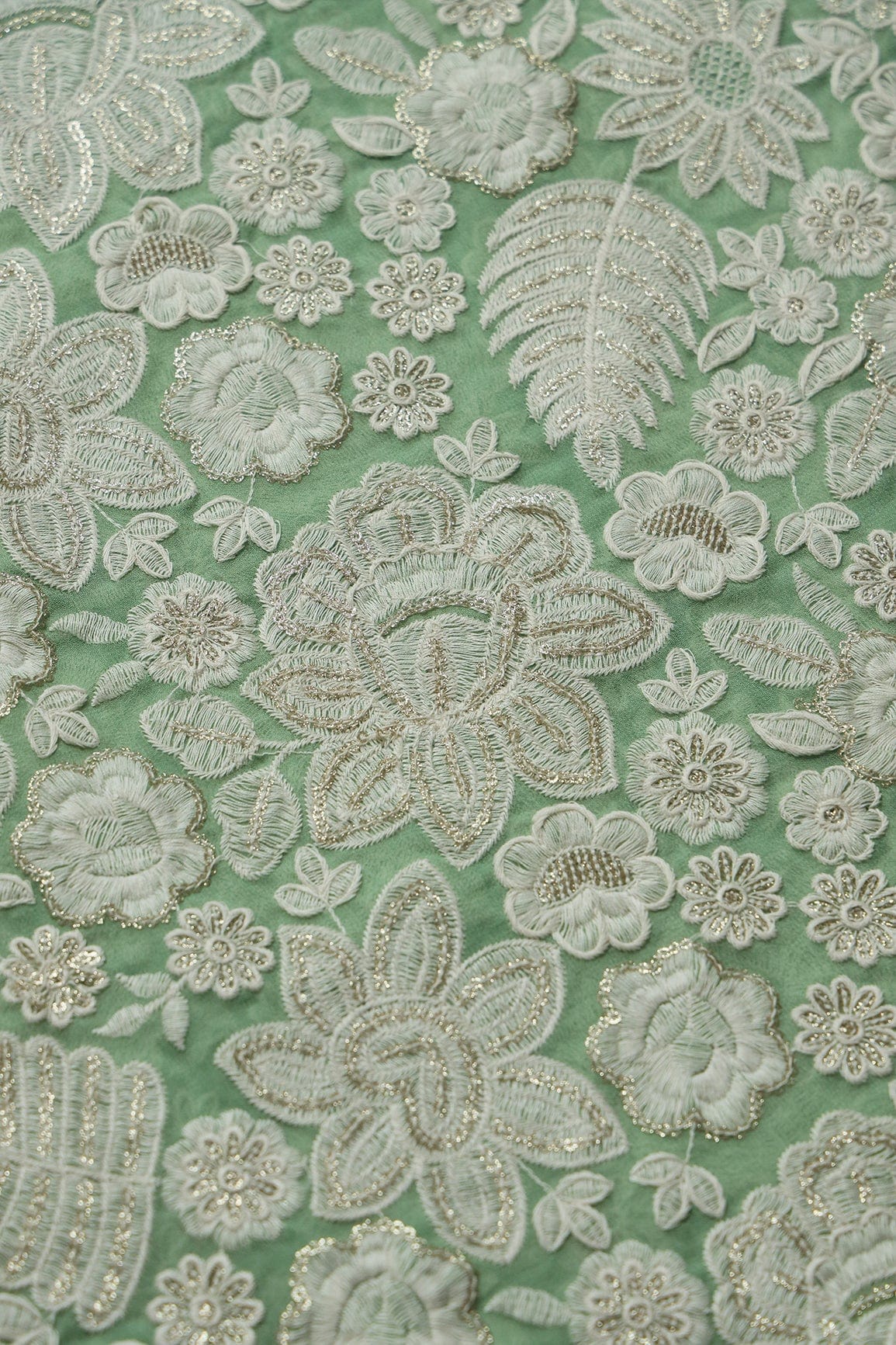doeraa Embroidery Fabrics White Thread With Sequins Heavy Floral Embroidery On Olive Viscose Georgette Fabric