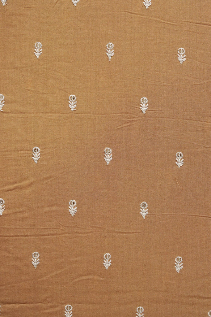doeraa Embroidery Fabrics White Thread With Sequins Small Floral Motif Embroidery Work On Caramel Brown Muslin Fabric