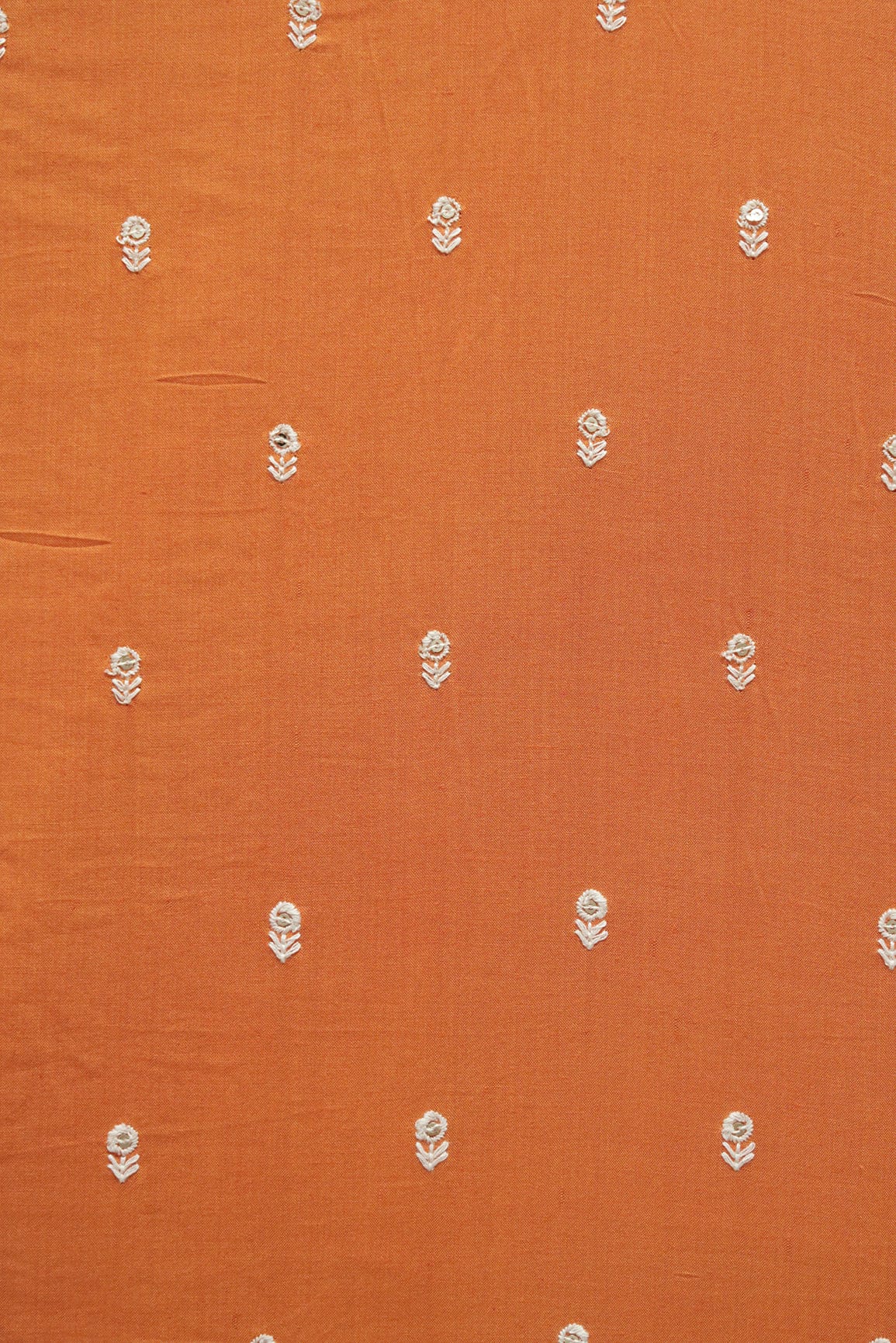 doeraa Embroidery Fabrics White Thread With Sequins Small Floral Motif Embroidery Work On Orange Muslin Fabric