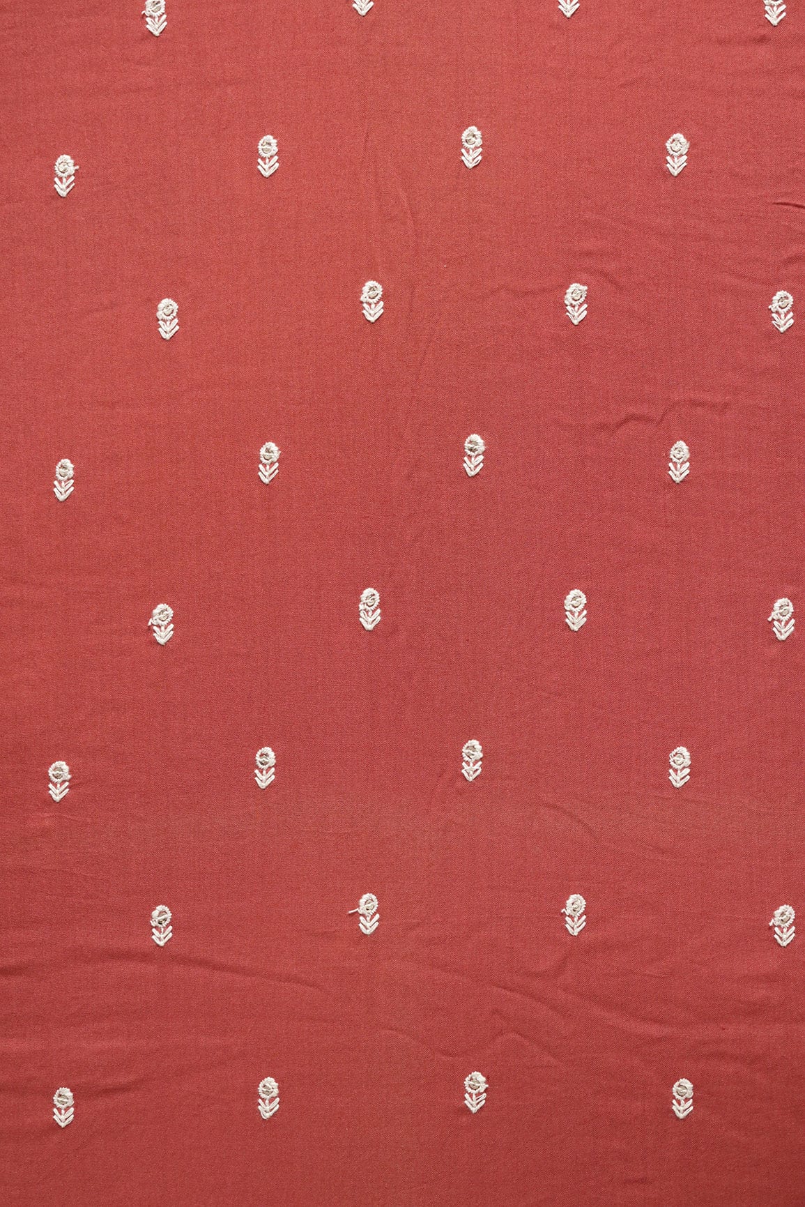 doeraa Embroidery Fabrics White Thread With Sequins Small Floral Motif Embroidery Work On Rust Red Muslin Fabric