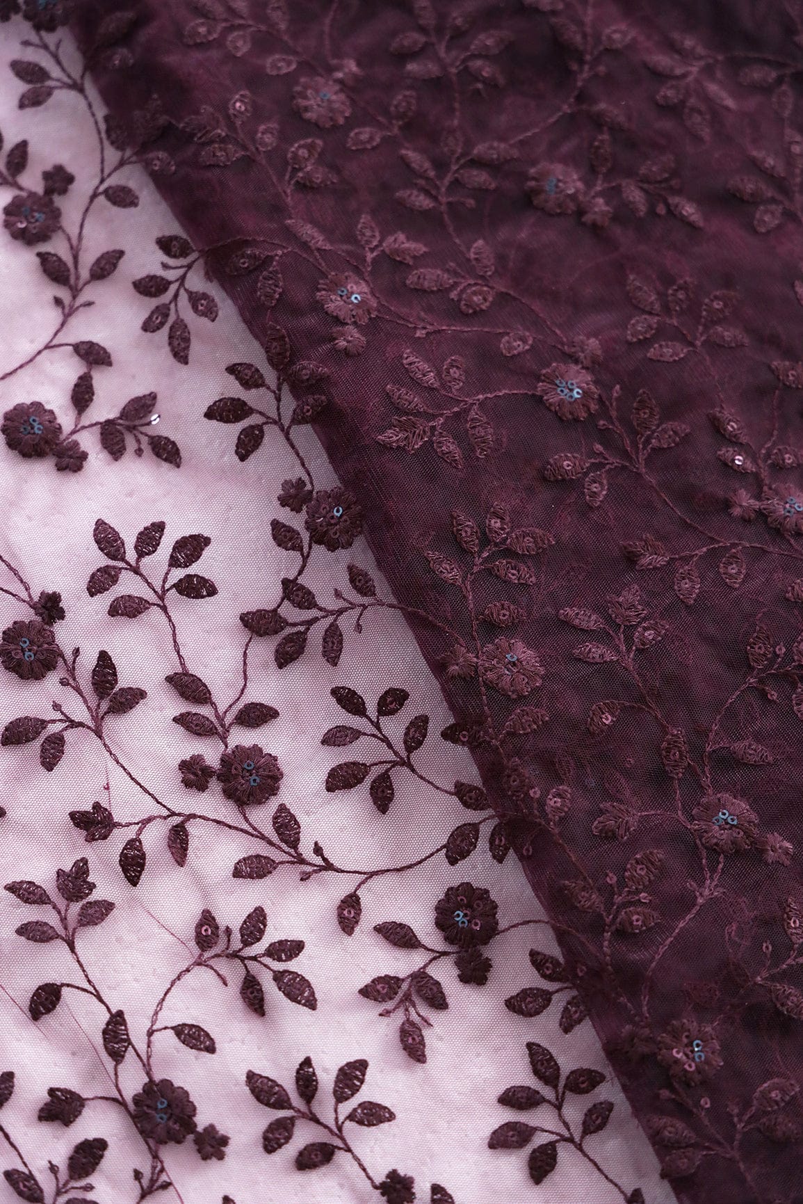 doeraa Embroidery Fabrics Wine Thread And Sequins Floral Heavy Embroidery Work On Wine Soft Net Fabric