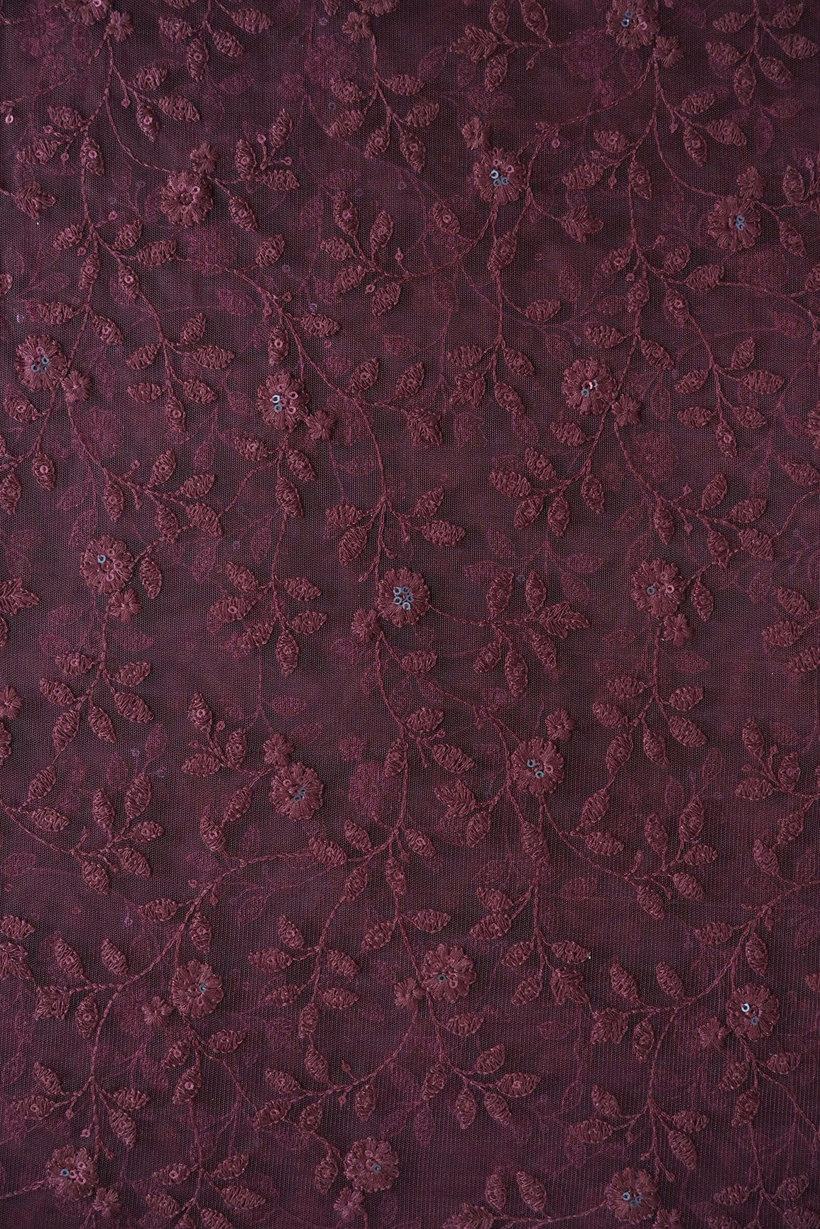 doeraa Embroidery Fabrics Wine Thread And Sequins Floral Heavy Embroidery Work On Wine Soft Net Fabric