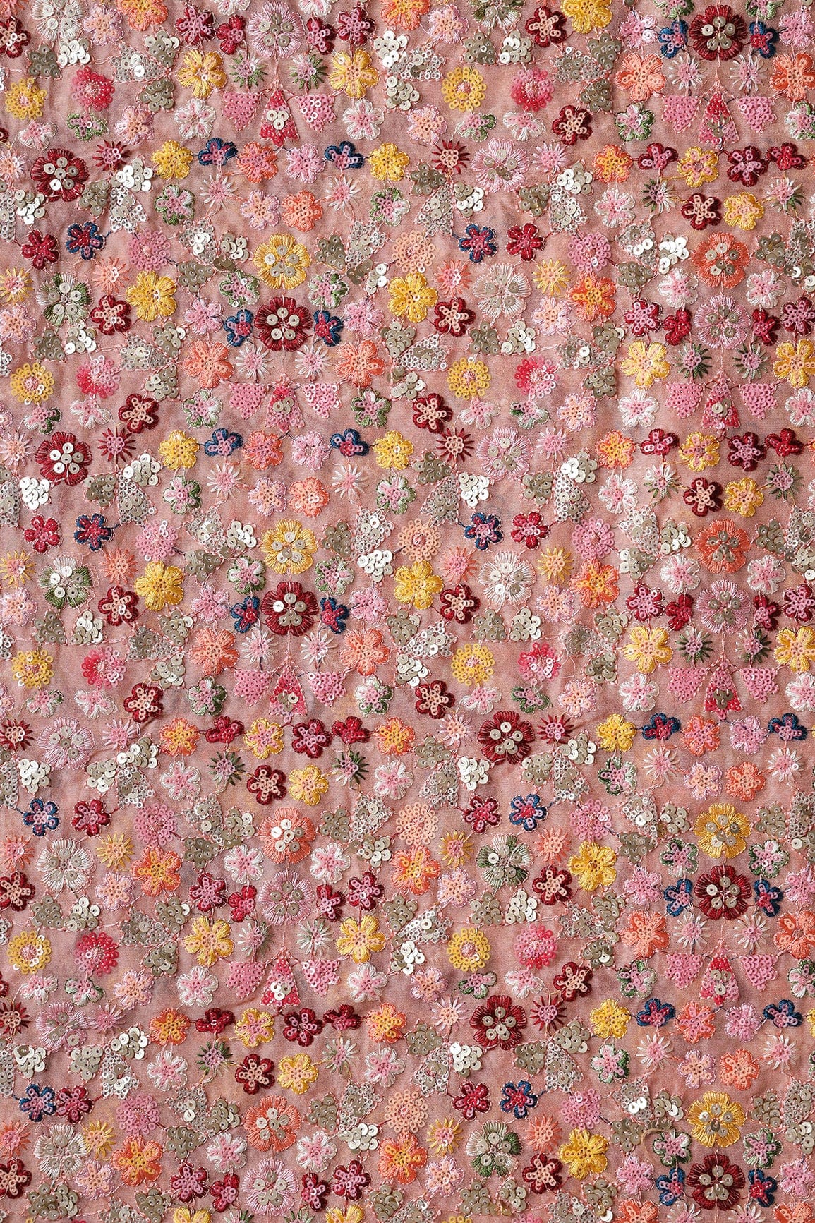 doeraa Embroidery Fabrics Wonderful Multi Thread With Multi Sequins Floral Embroidery On Peach Viscose Georgette Fabric