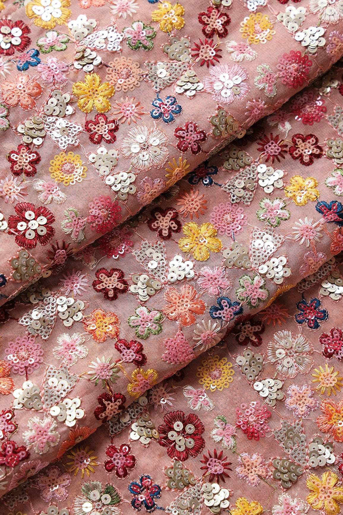 doeraa Embroidery Fabrics Wonderful Multi Thread With Multi Sequins Floral Embroidery On Peach Viscose Georgette Fabric