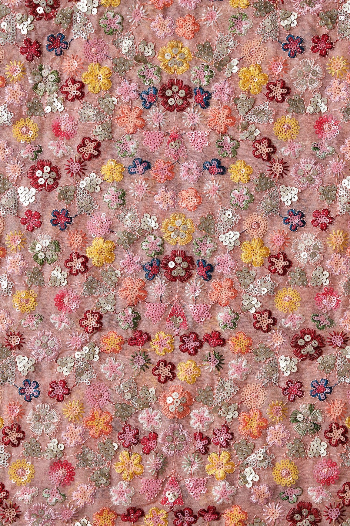 doeraa Embroidery Fabrics Wonderful Multi Thread With Multi Sequins Floral Embroidery On Peach Viscose Georgette Fabric