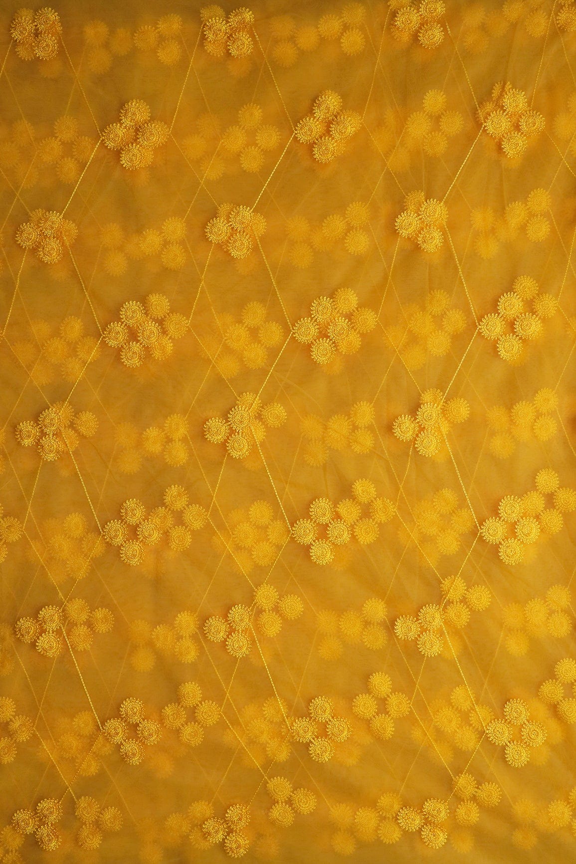 doeraa Embroidery Fabrics Yellow Color Thread Geometric Embroidery Work On Yellow Soft Net Fabric