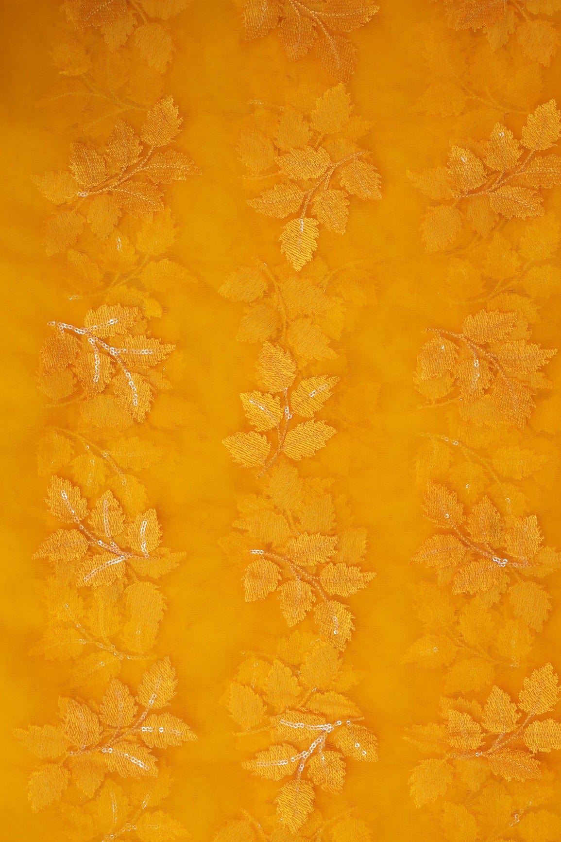 doeraa Embroidery Fabrics Yellow Ochre Thread With Sequins Leafy Embroidery Work On Yellow Ochre Soft Net Fabric