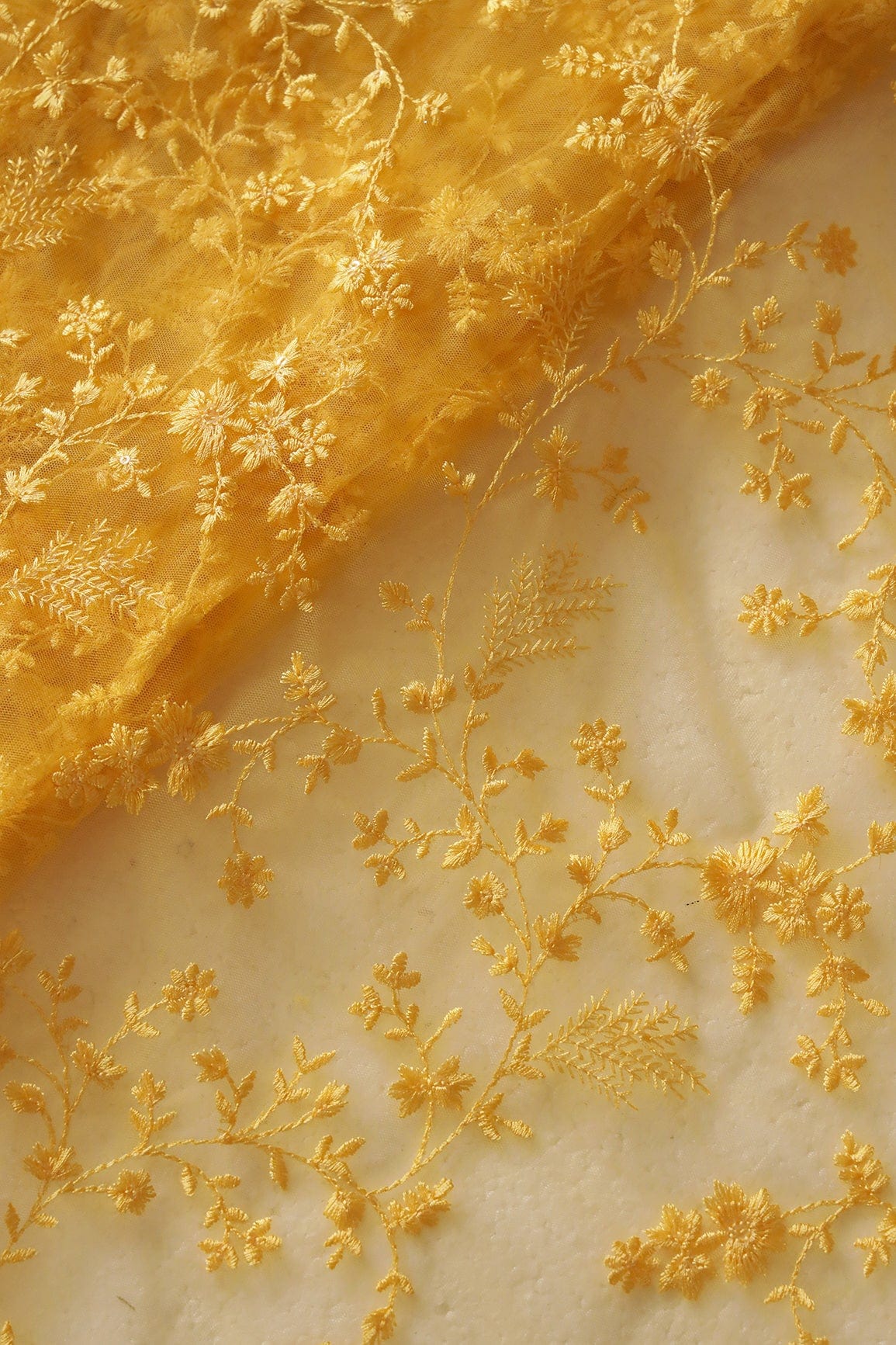 doeraa Embroidery Fabrics Yellow Thread With Sequins Beautiful Floral Embroidery Work On Yellow Soft Net Fabric
