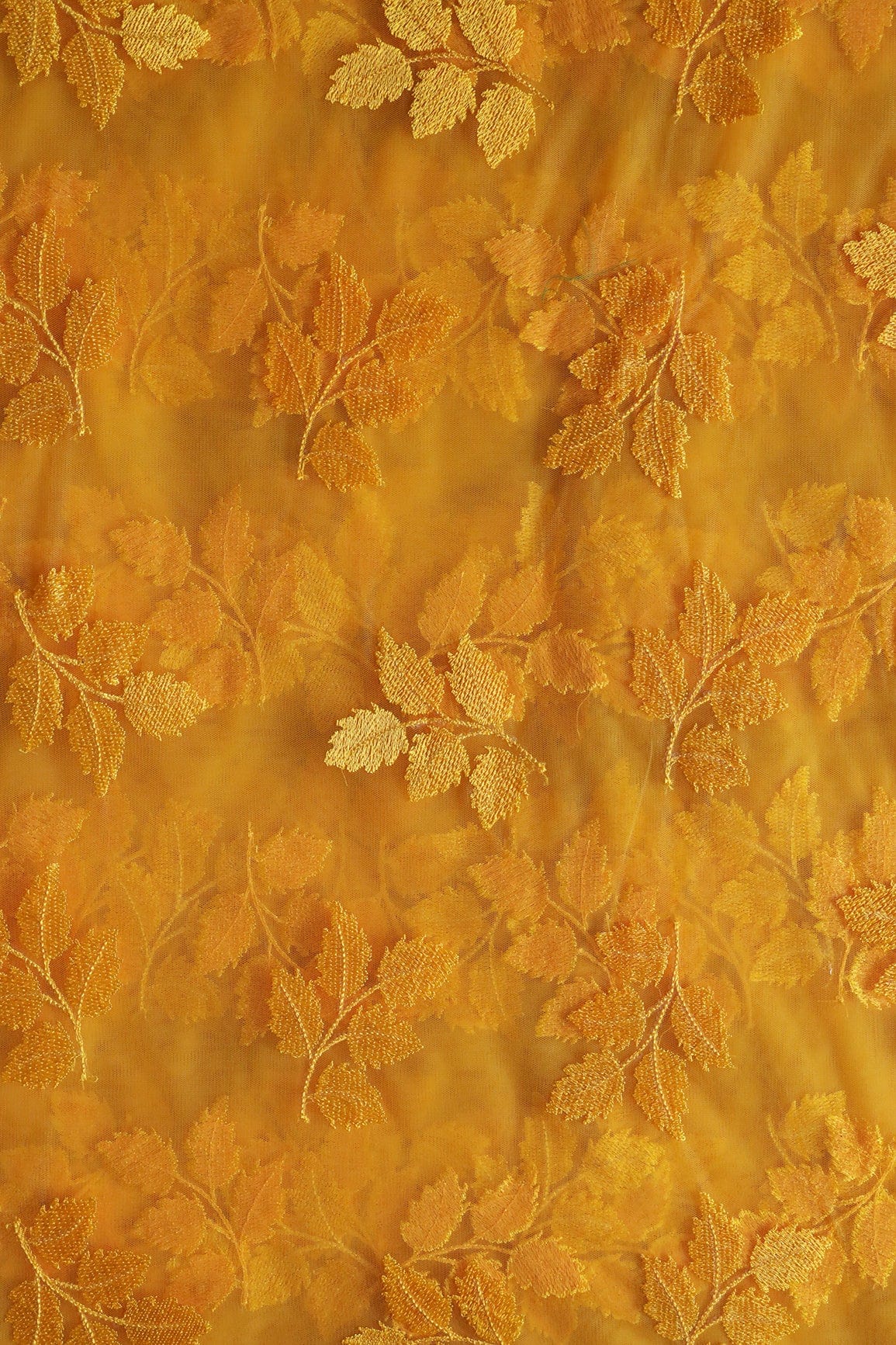 doeraa Embroidery Fabrics Yellow Thread With Sequins Leafy Embroidery Work On Yellow Soft Net Fabric