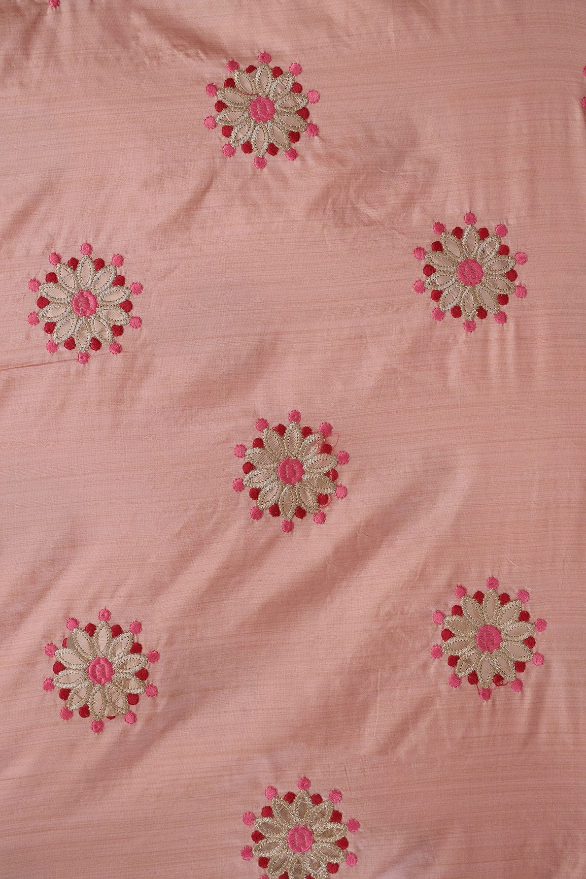 doeraa Embroidery Fabrics Zari With Red and Pink Leafy Motif Embroidery On Peach Bamboo Silk Fabric