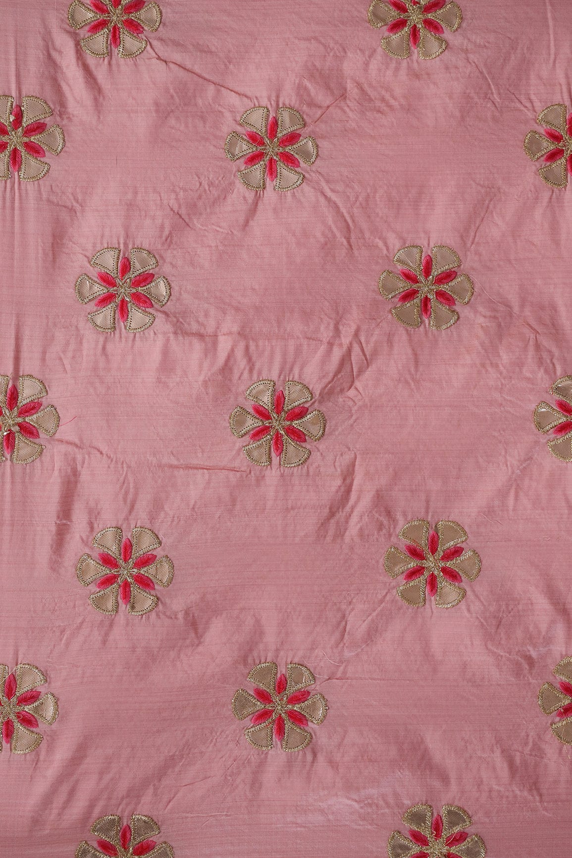 doeraa Embroidery Fabrics Zari With Red and Pink Motif Embroidery On Baby Pink Bamboo Silk Fabric