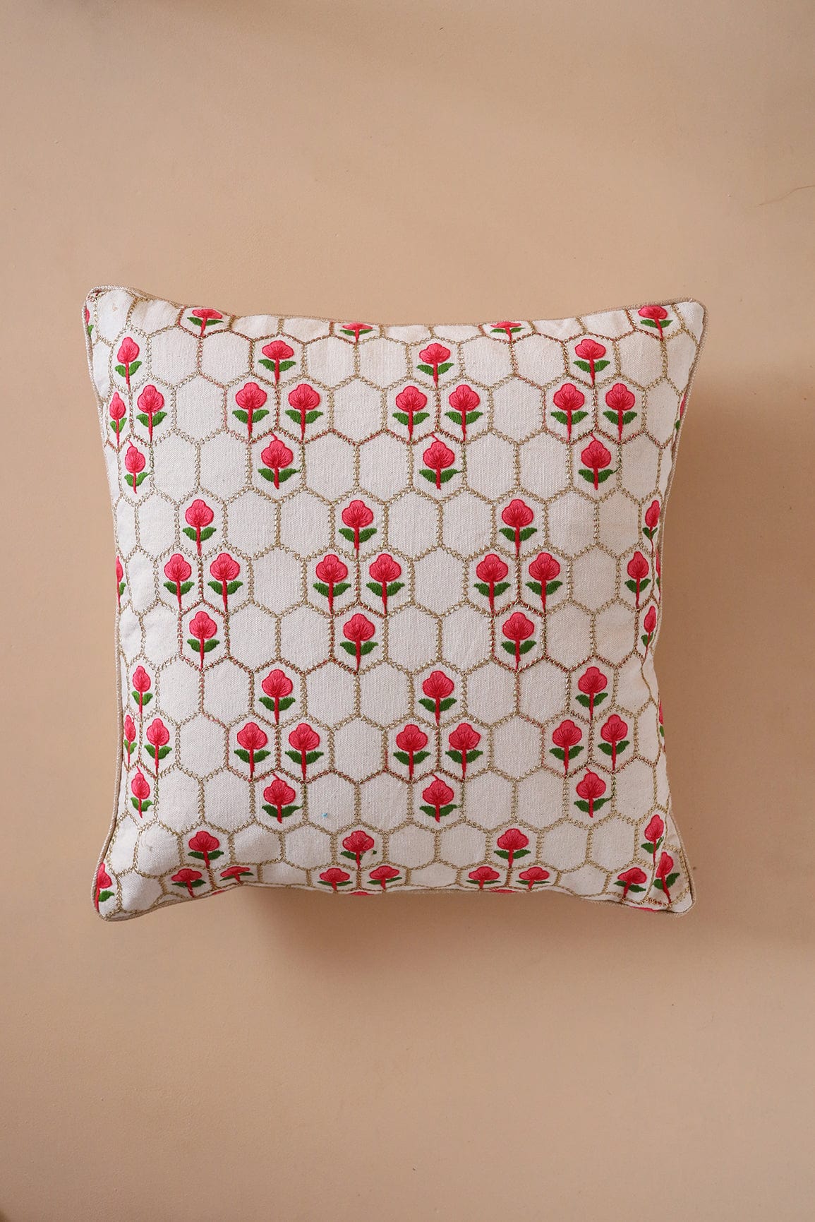 doeraa Floral Embroidery on off white cotton Cushion Cover (16*16 inches)