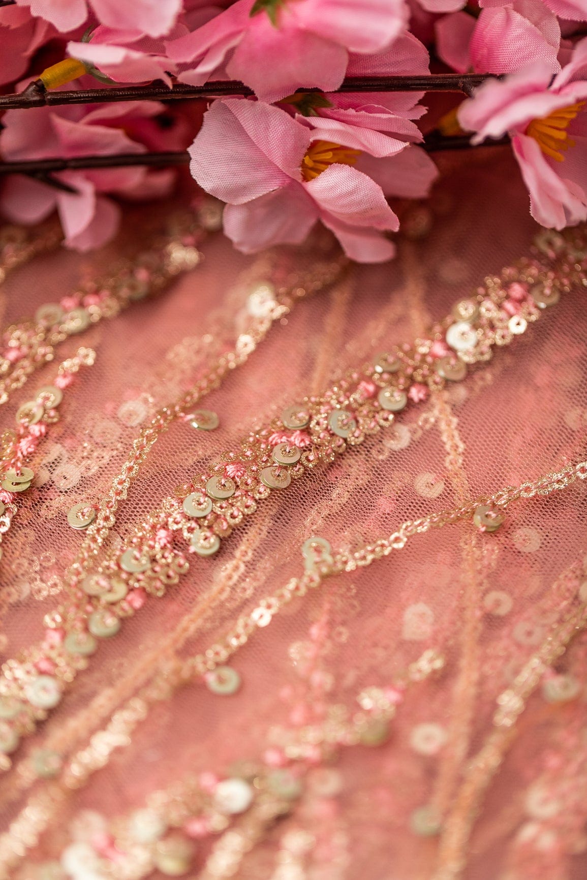 Gold And Silver Sequins With Baby Pink Thread Embroidery on Baby Pink Soft Net - doeraa