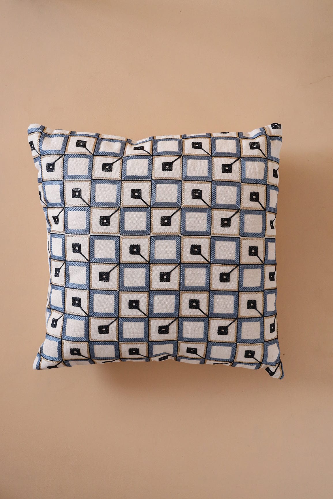 doeraa Grey and Black Pattern Embroidery on off white cotton Cushion Cover (16*16 inches)