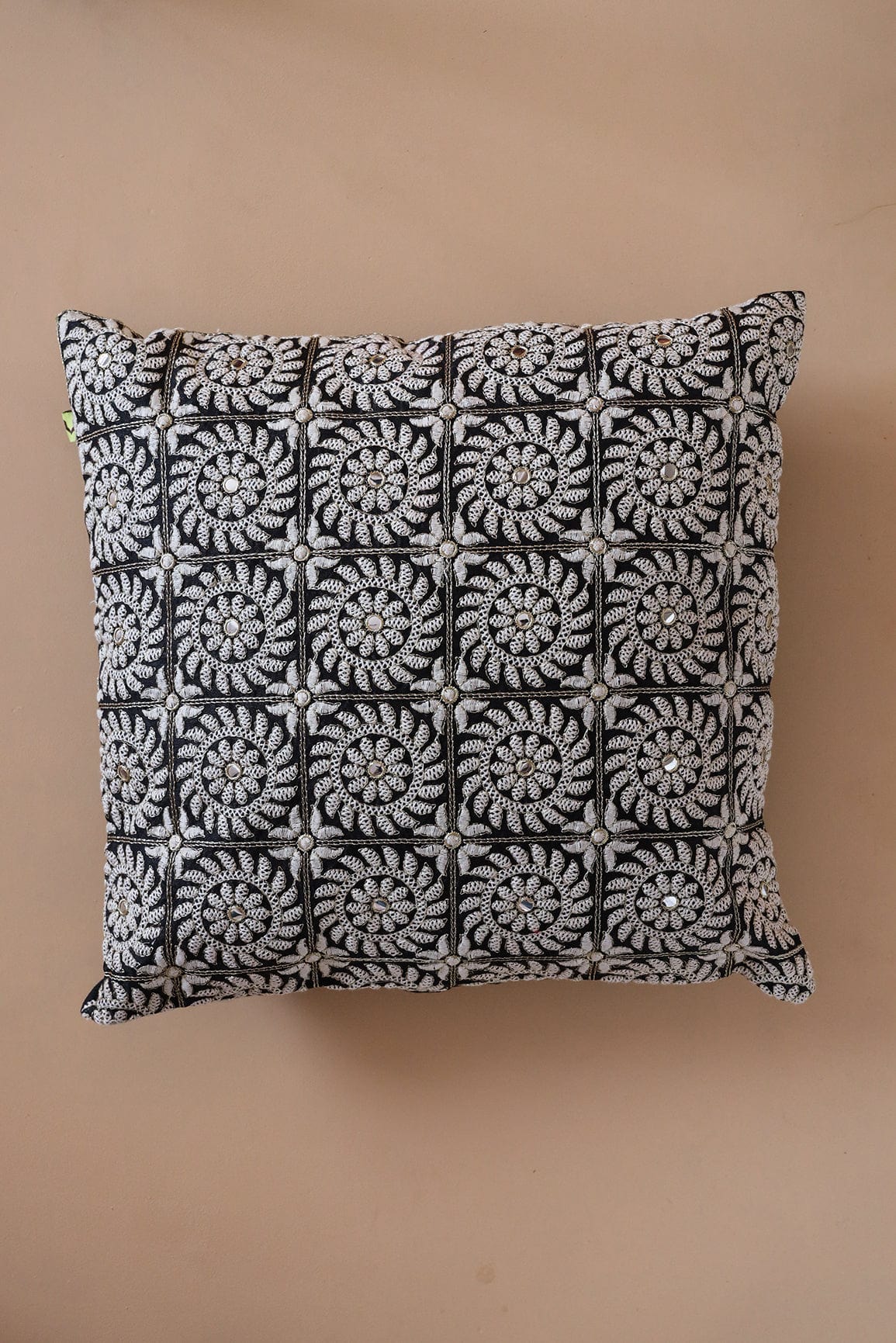 doeraa Heavy White Embroidery on Black cotton Cushion Cover (16*16 inches)