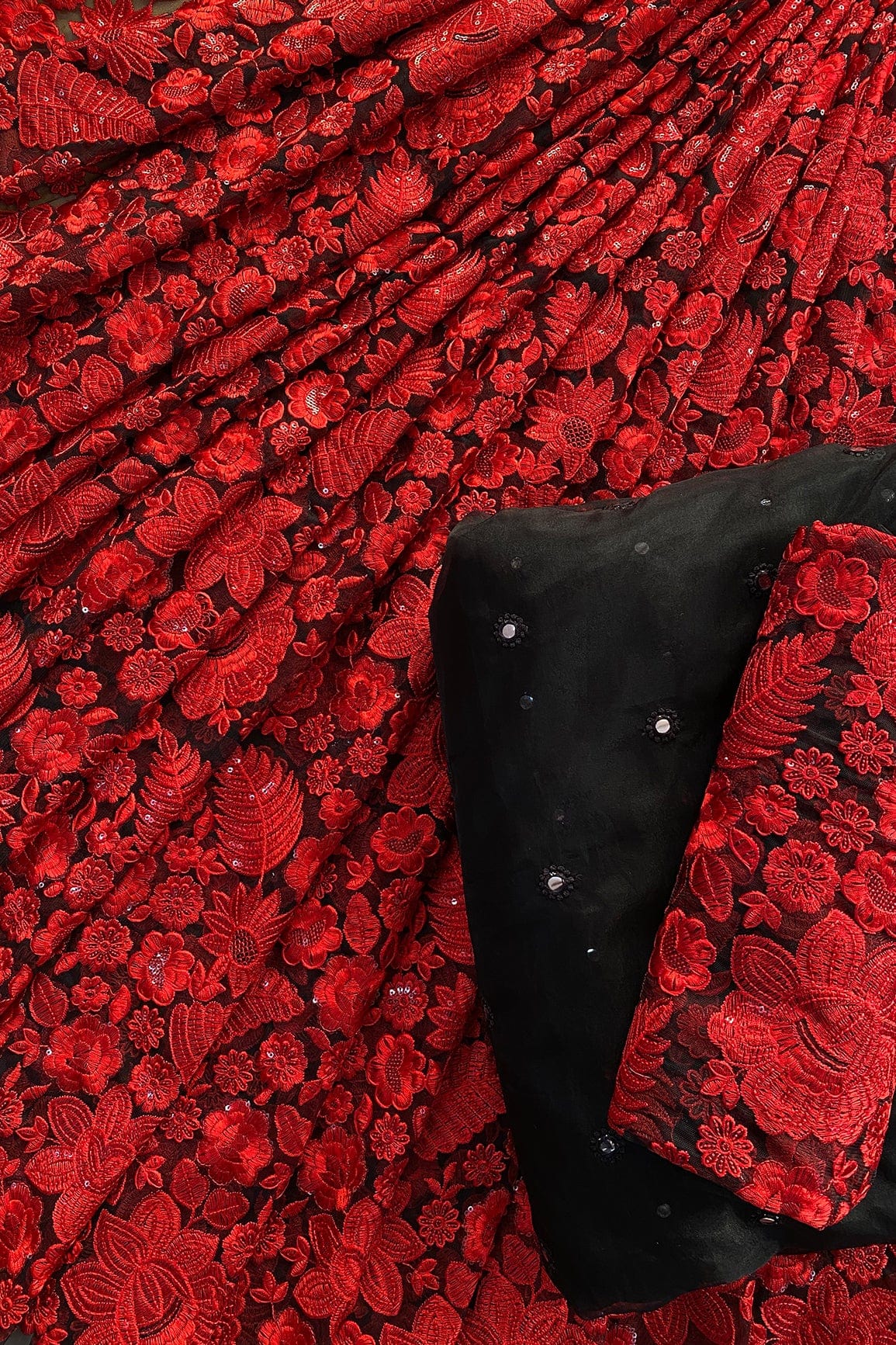 doeraa LEHENGA SET Black With Red Thread Work Unstitched Lehenga Set Fabric (3 Piece)