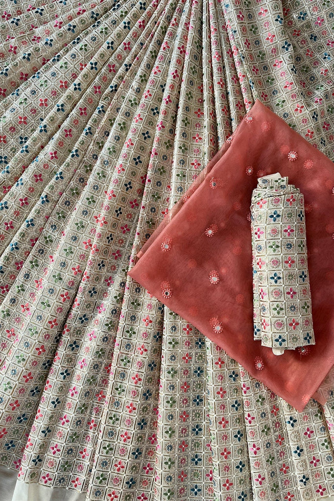 doeraa LEHENGA SET Cream And Coral Pink Unstitched Lehenga Set Fabric (3 Piece)