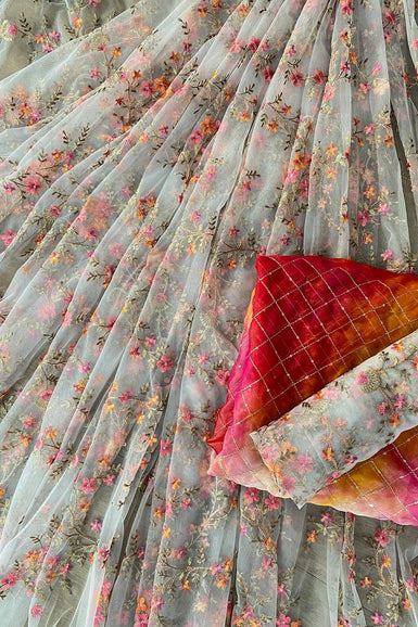 Grey And Pink Unstitched Lehenga Set Fabric (3 Piece)