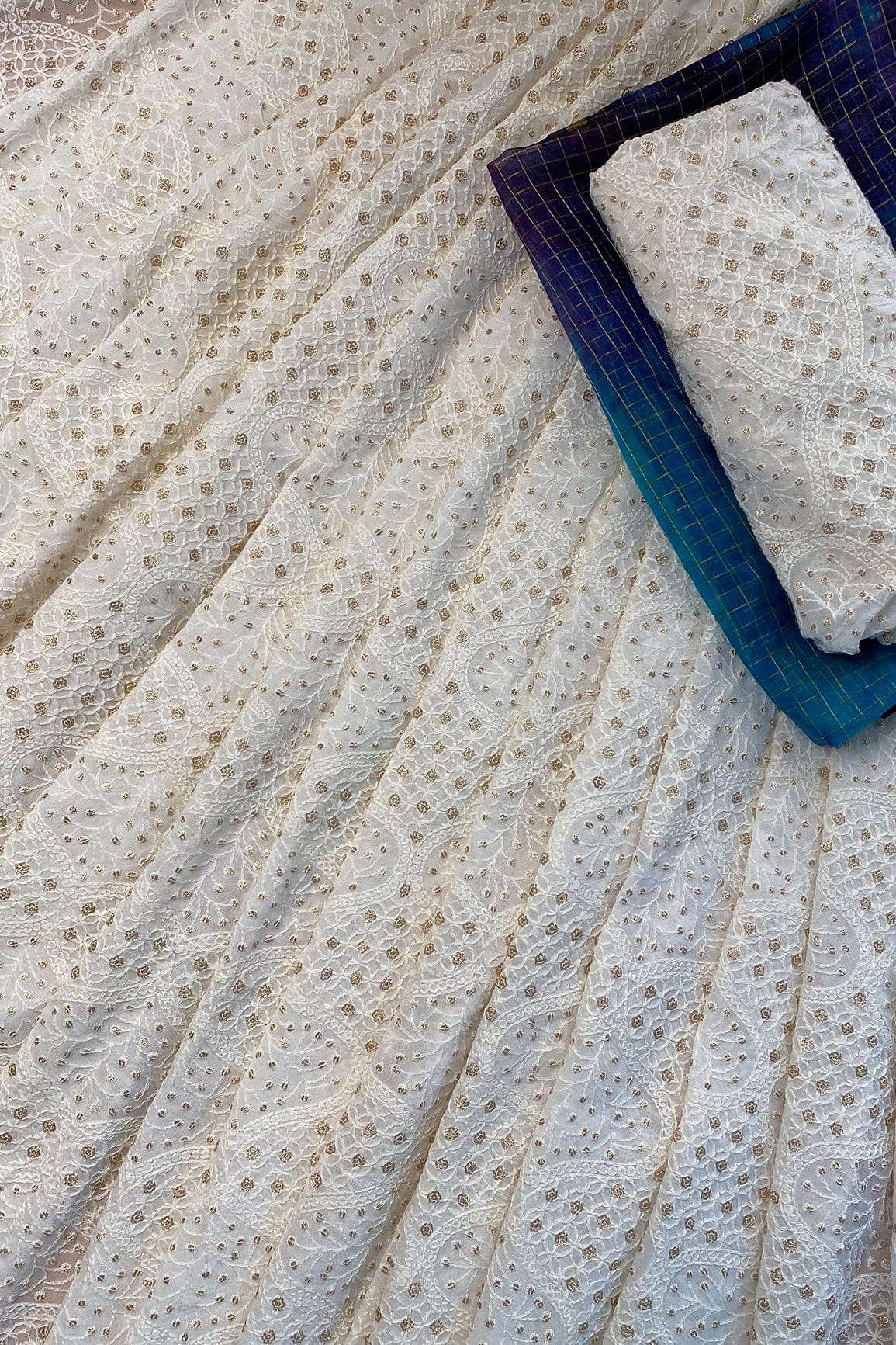 doeraa LEHENGA SET Off White And Blue Unstitched Lehenga Set Fabric (3 Piece)