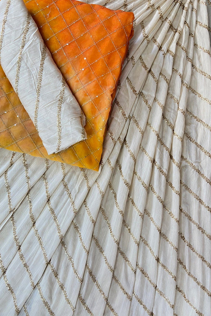 doeraa LEHENGA SET Off White and Orange Unstitched Lehenga Set Fabric (3 Piece)
