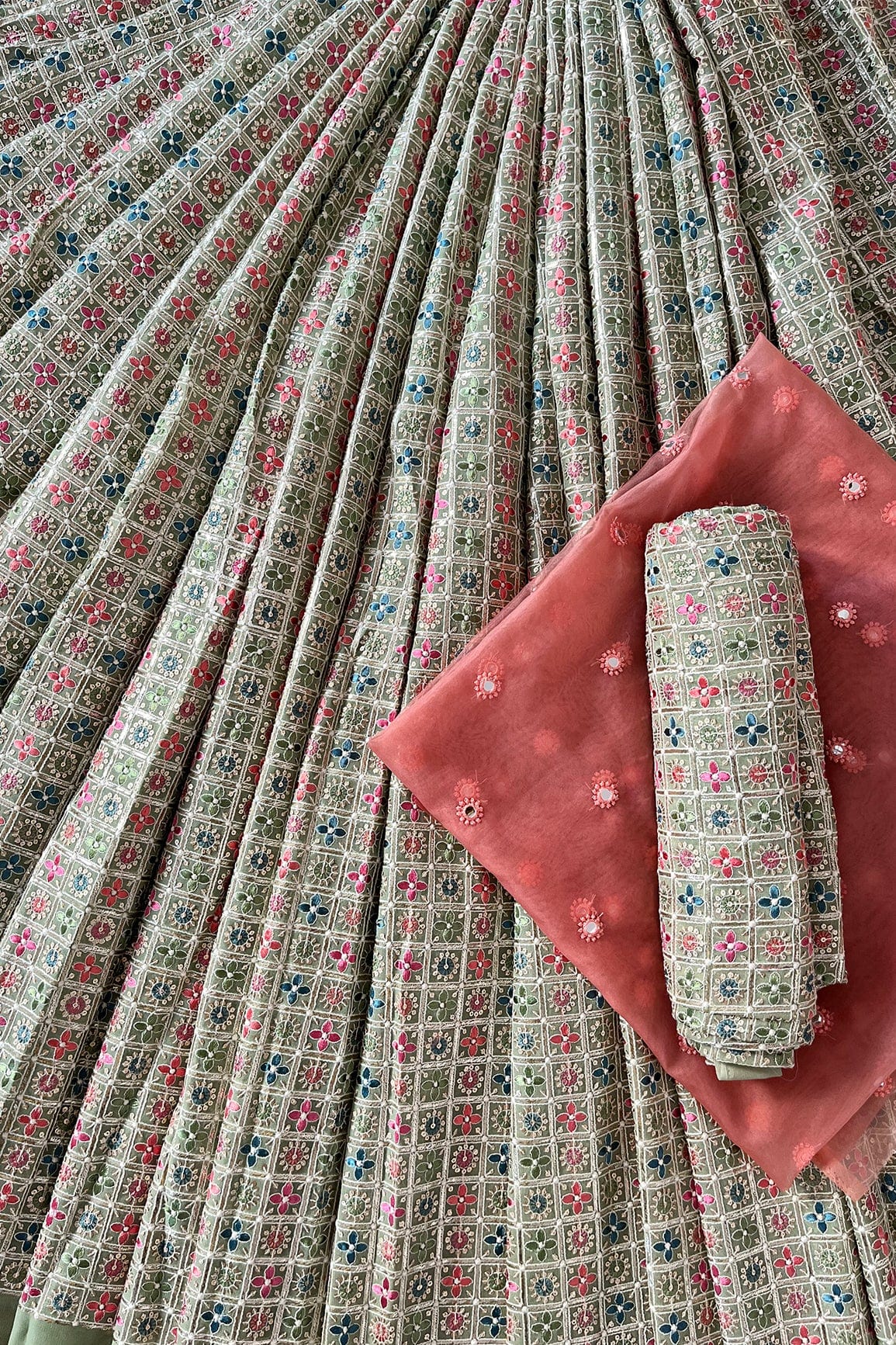 doeraa LEHENGA SET Olive And Coral Pink Unstitched Lehenga Set Fabric (3 Piece)