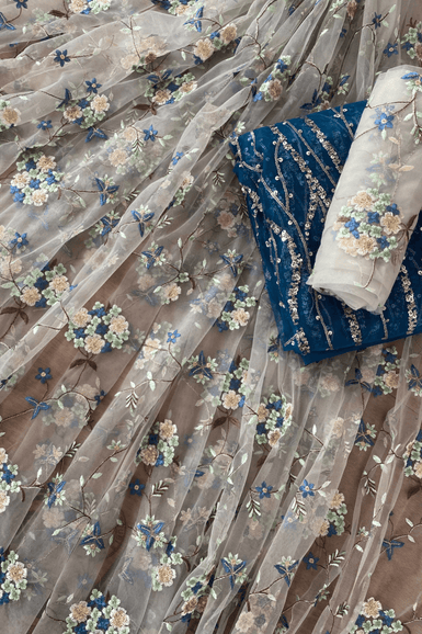 Olive And Rama Blue Unstitched Lehenga Set Fabric (3 Piece)