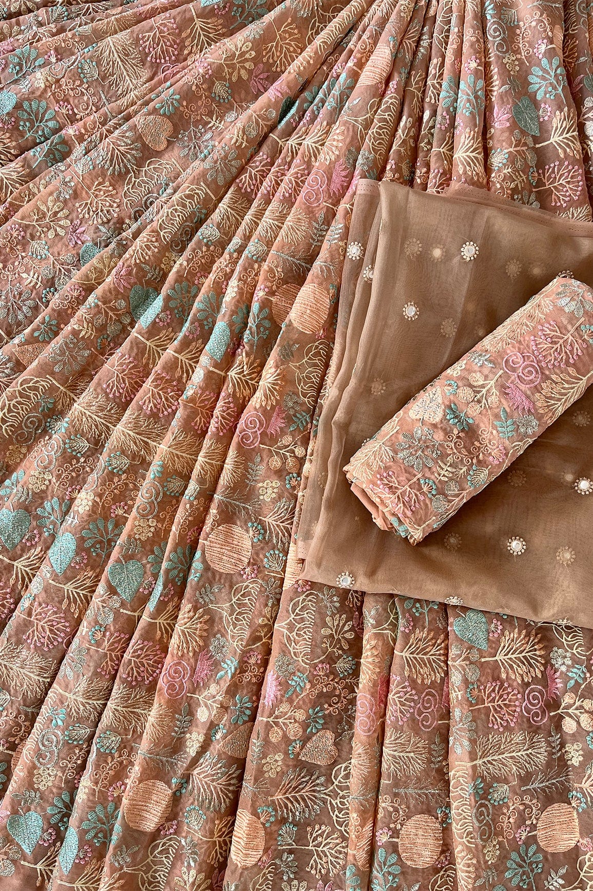 doeraa LEHENGA SET Peach And Light Brown Unstitched Lehenga Set Fabric (3 Piece)