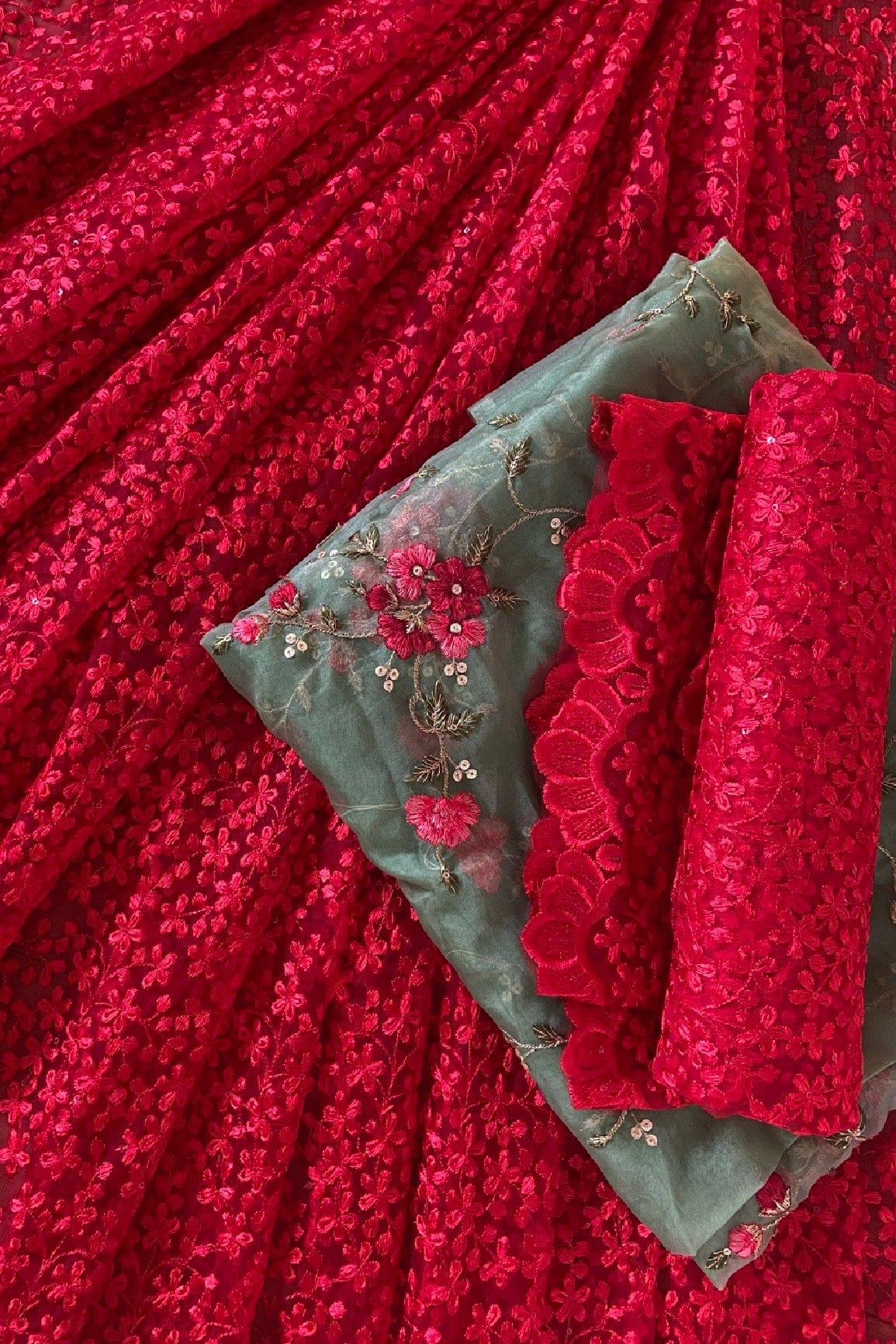 doeraa LEHENGA SET Red And Dusty Olive Unstitched Lehenga Set Fabric (3 Piece)