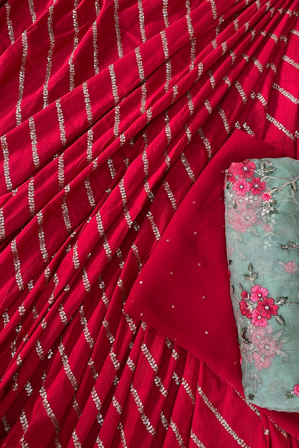 doeraa LEHENGA SET Red And Olive Unstitched Lehenga Set Fabric (3 Piece)