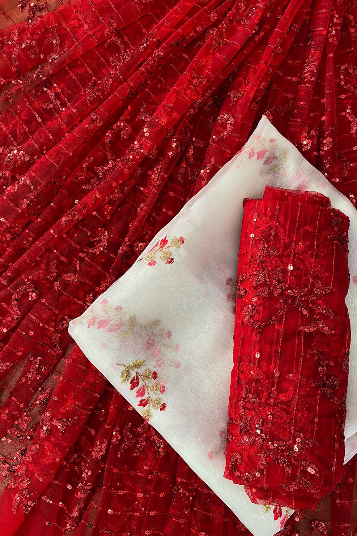 doeraa LEHENGA SET Red And White Unstitched Lehenga Set Fabric (3 Piece)
