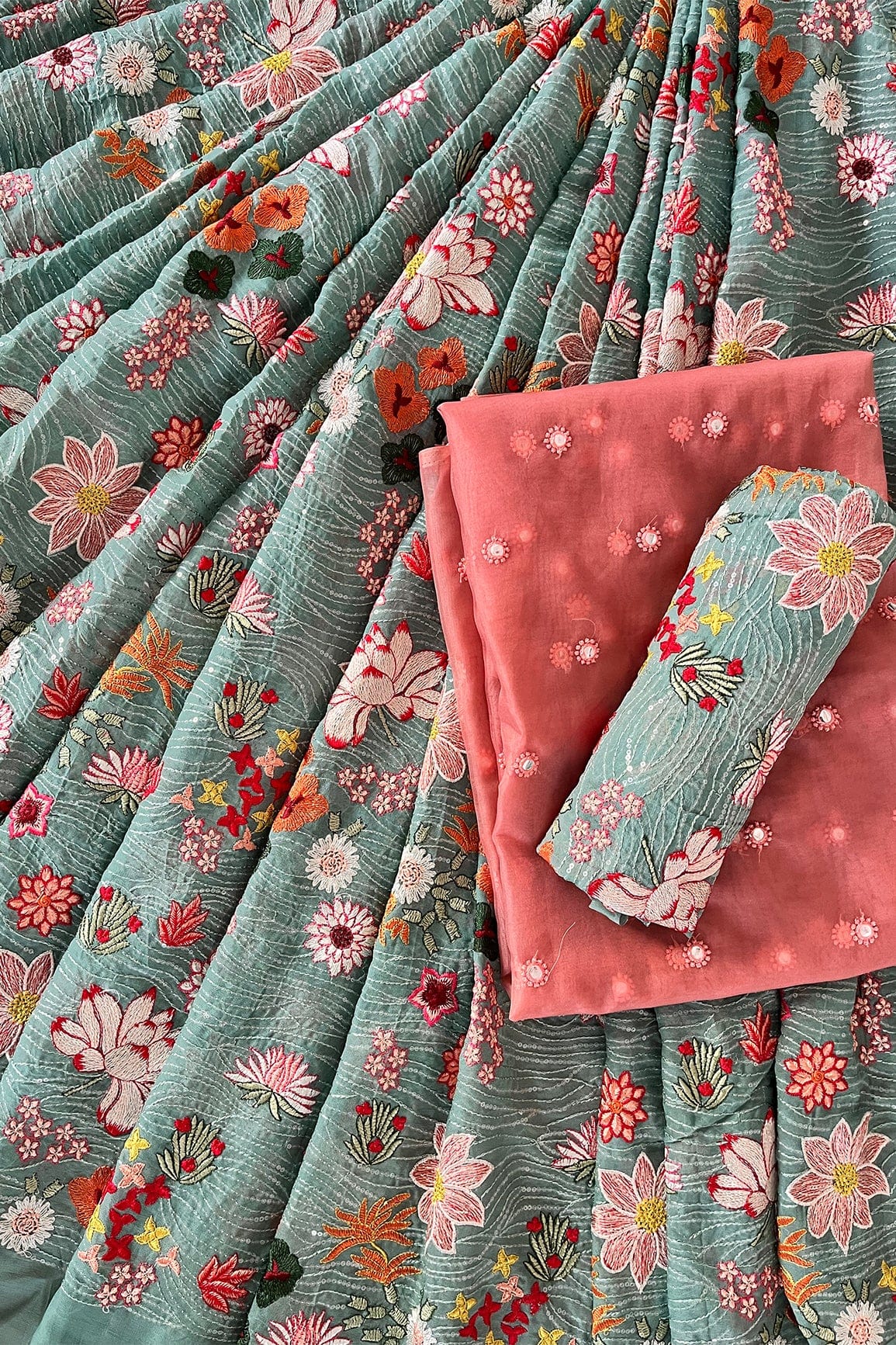 doeraa LEHENGA SET Teal And Coral Pink Unstitched Lehenga Set Fabric (3 Piece)