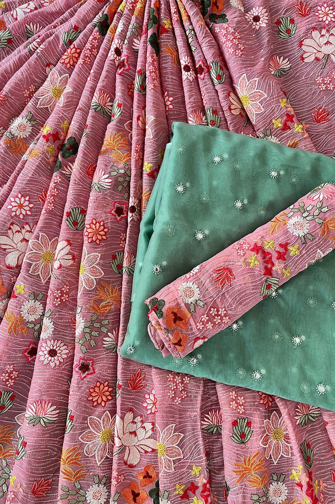 doeraa LEHENGA SET Thulian Pink And Olive Unstitched Lehenga Set Fabric (3 Piece)