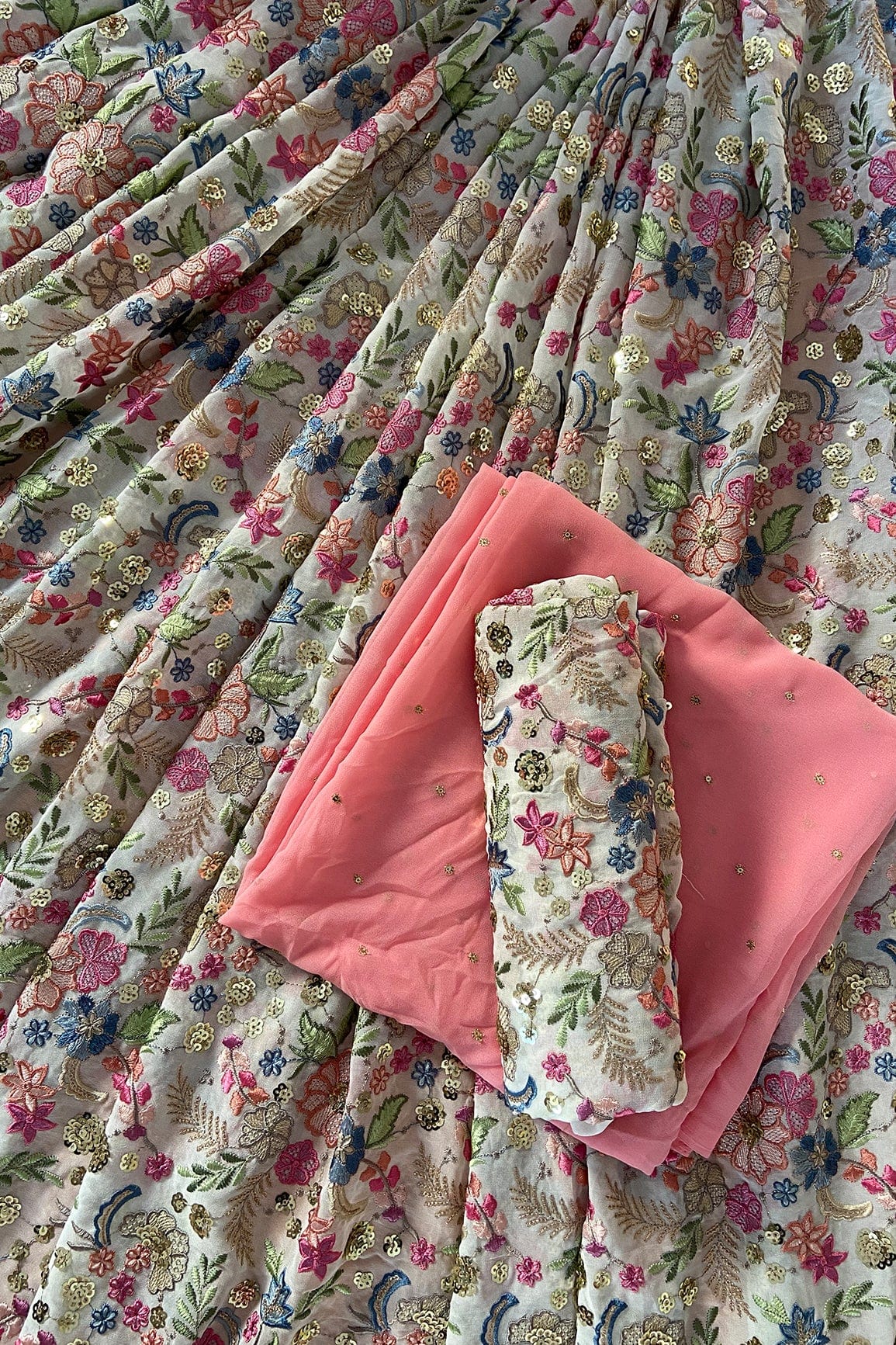 doeraa LEHENGA SET White And Pink Unstitched Lehenga Set Fabric (3 Piece)