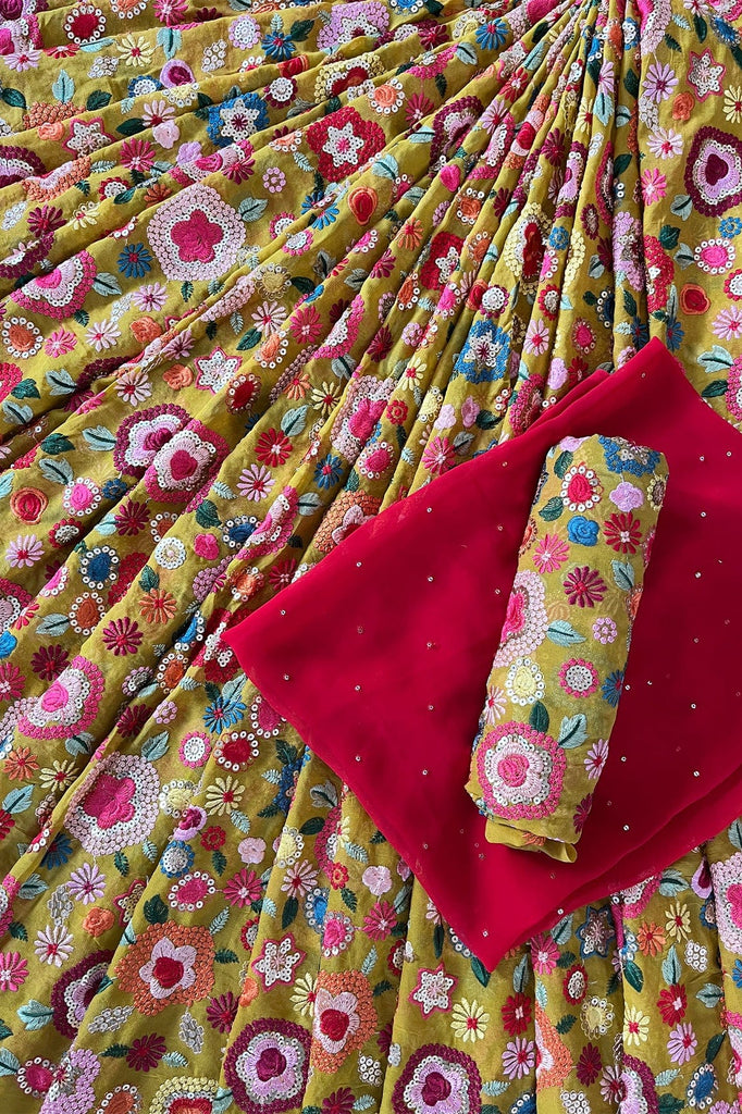 doeraa LEHENGA SET Yellow And Red Unstitched Lehenga Set Fabric (3 Piece)