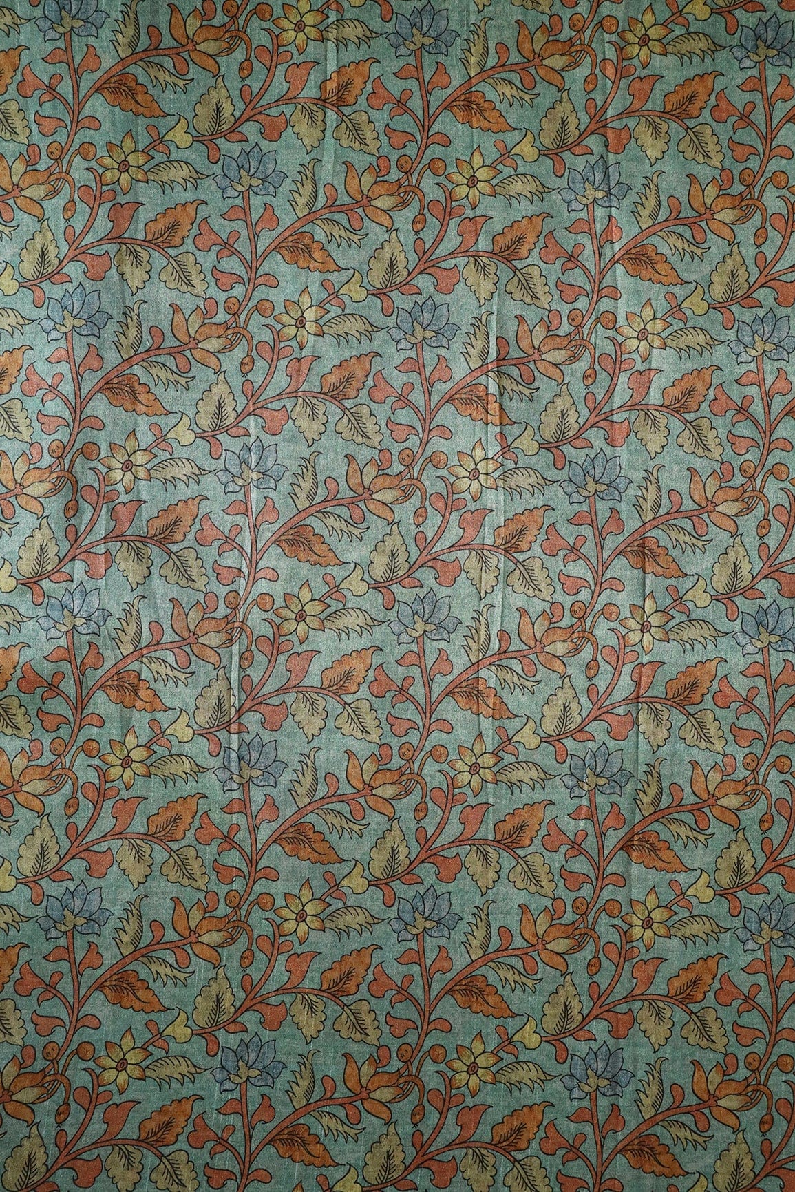 Light Teal Floral Pattern Digital Print On Mulberry Silk Fabric - doeraa