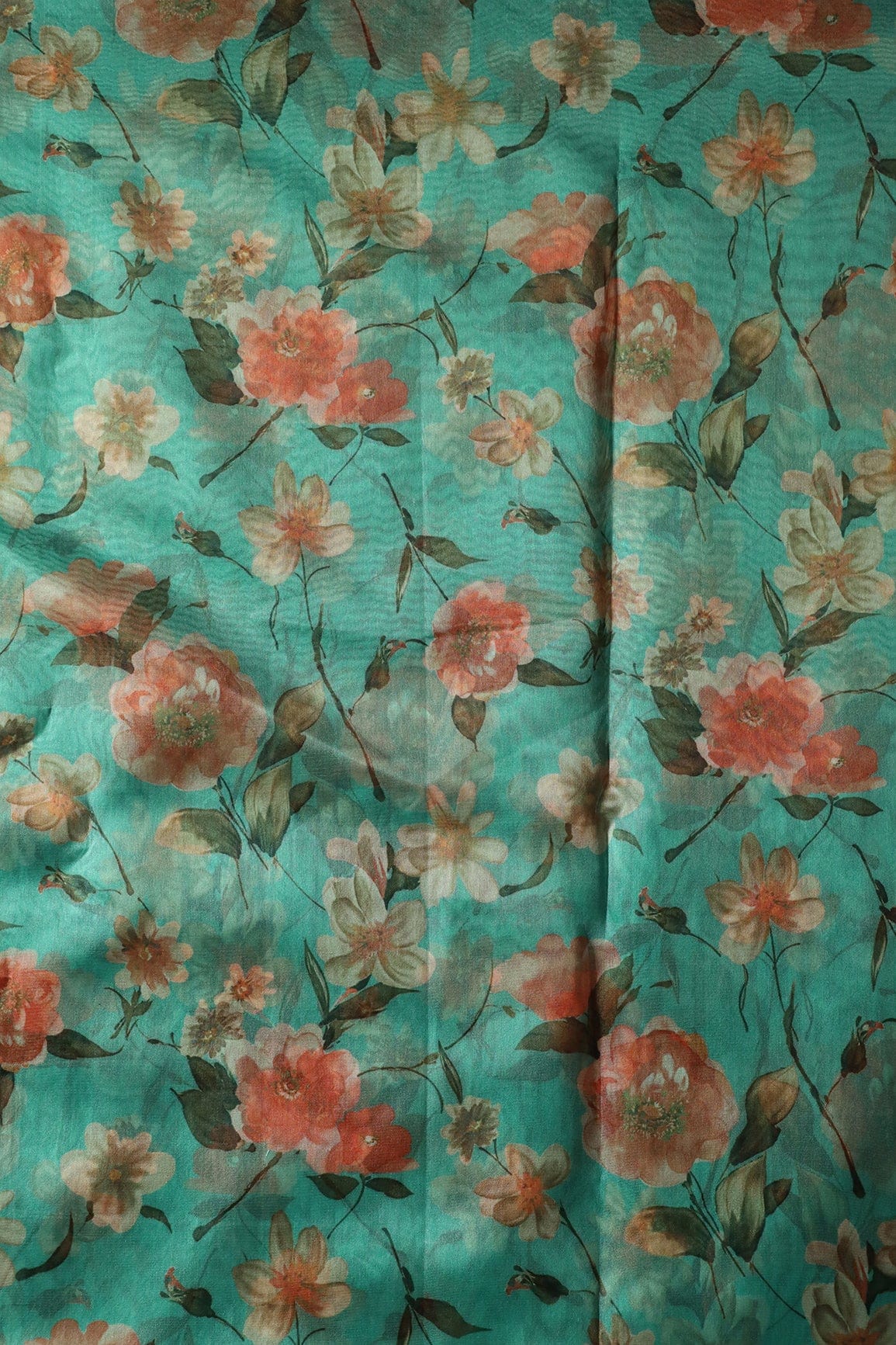 Multi Color Beautiful Floral Digital Print On Turquoise Green Organza Fabric - doeraa