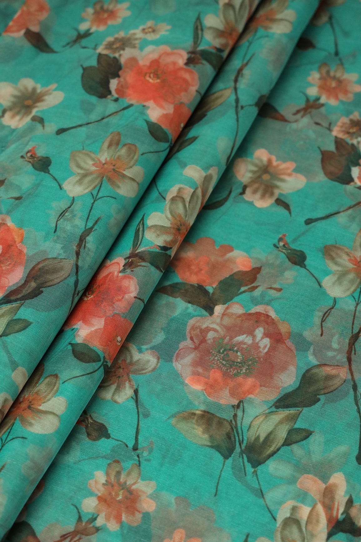 Multi Color Beautiful Floral Digital Print On Turquoise Green Organza Fabric - doeraa
