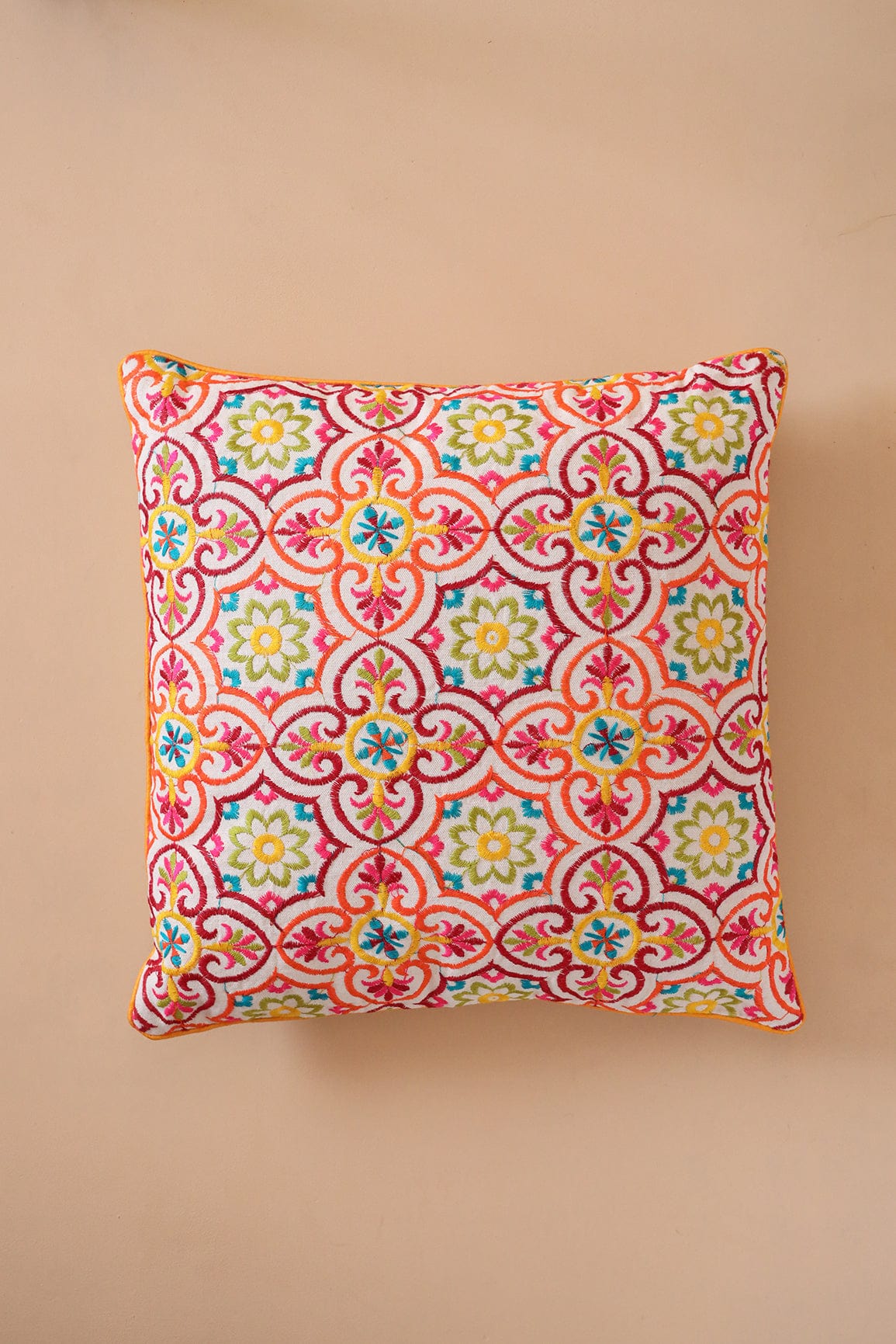 doeraa Multi Coloured Embroidery on off white cotton Cushion Cover (16*16 inches)
