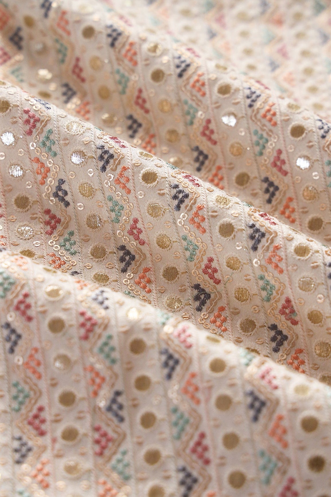 Multi Thread With Gold Matte Sequins Geometric Heavy Embroidery On Off White Raw Silk Fabric - doeraa