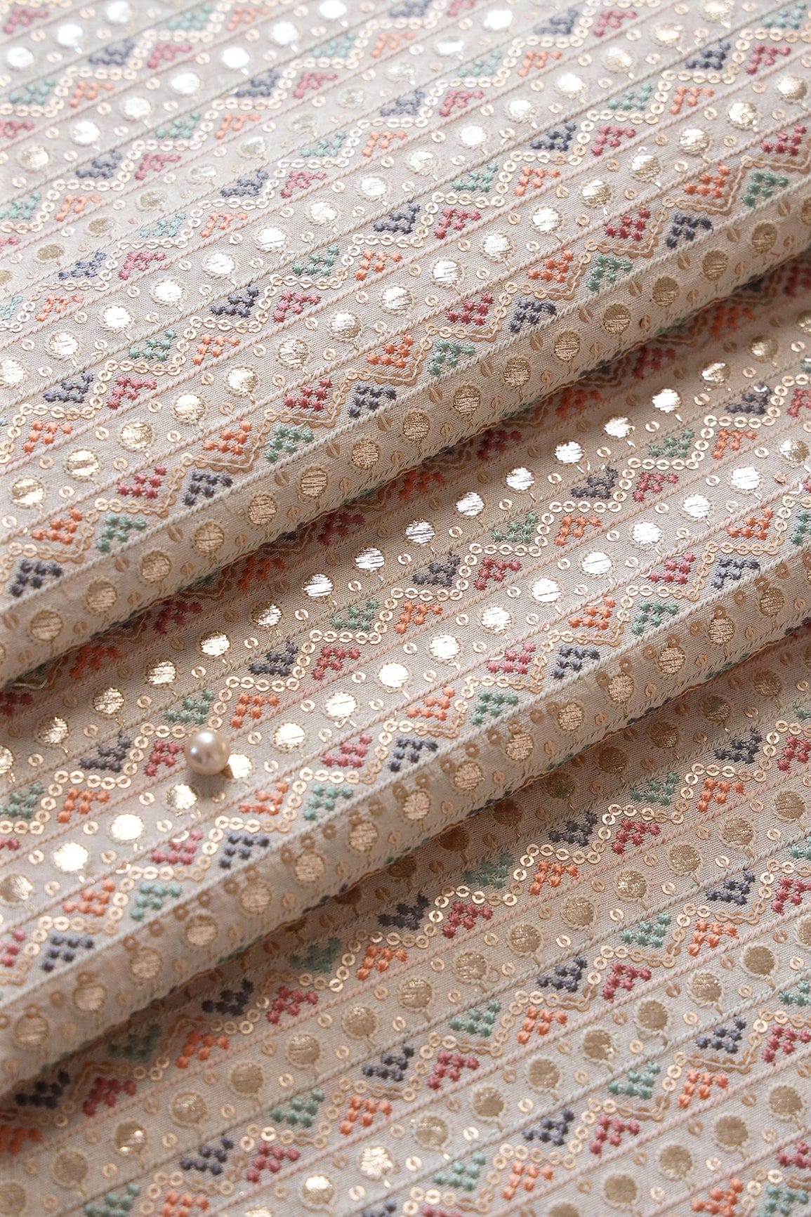 Multi Thread With Gold Matte Sequins Geometric Heavy Embroidery On Off White Raw Silk Fabric - doeraa