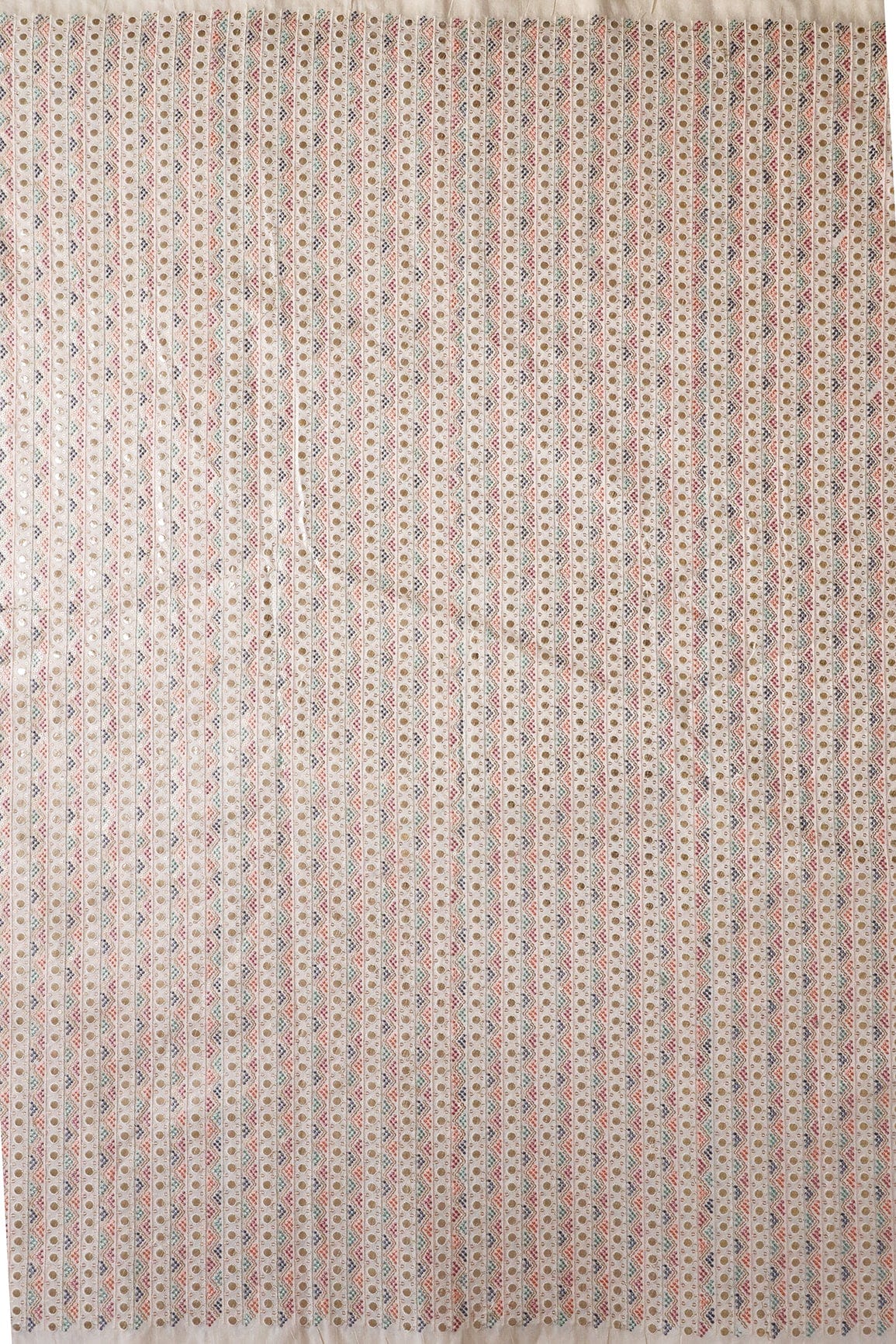 Multi Thread With Gold Matte Sequins Geometric Heavy Embroidery On Off White Raw Silk Fabric - doeraa